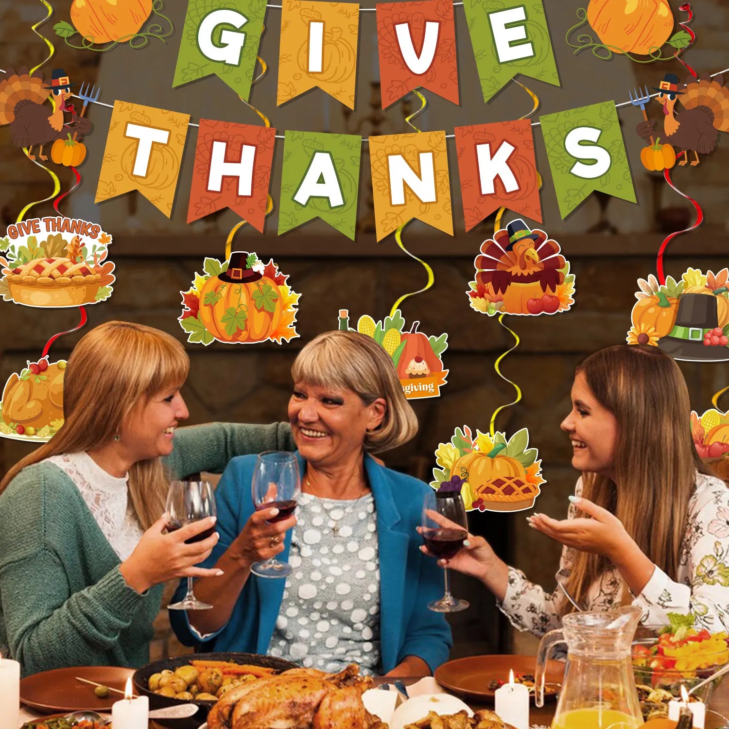 Thanksgiving Banner Hanging Swirls,17pcs Give Thanks Hanging Swirls&Banner Set-Happy Thanksgiving Hanging Swirls,Happy Thanksgiving Banner&Thanksgiving Foil Streamer,for Thanksgiving Party Decorations