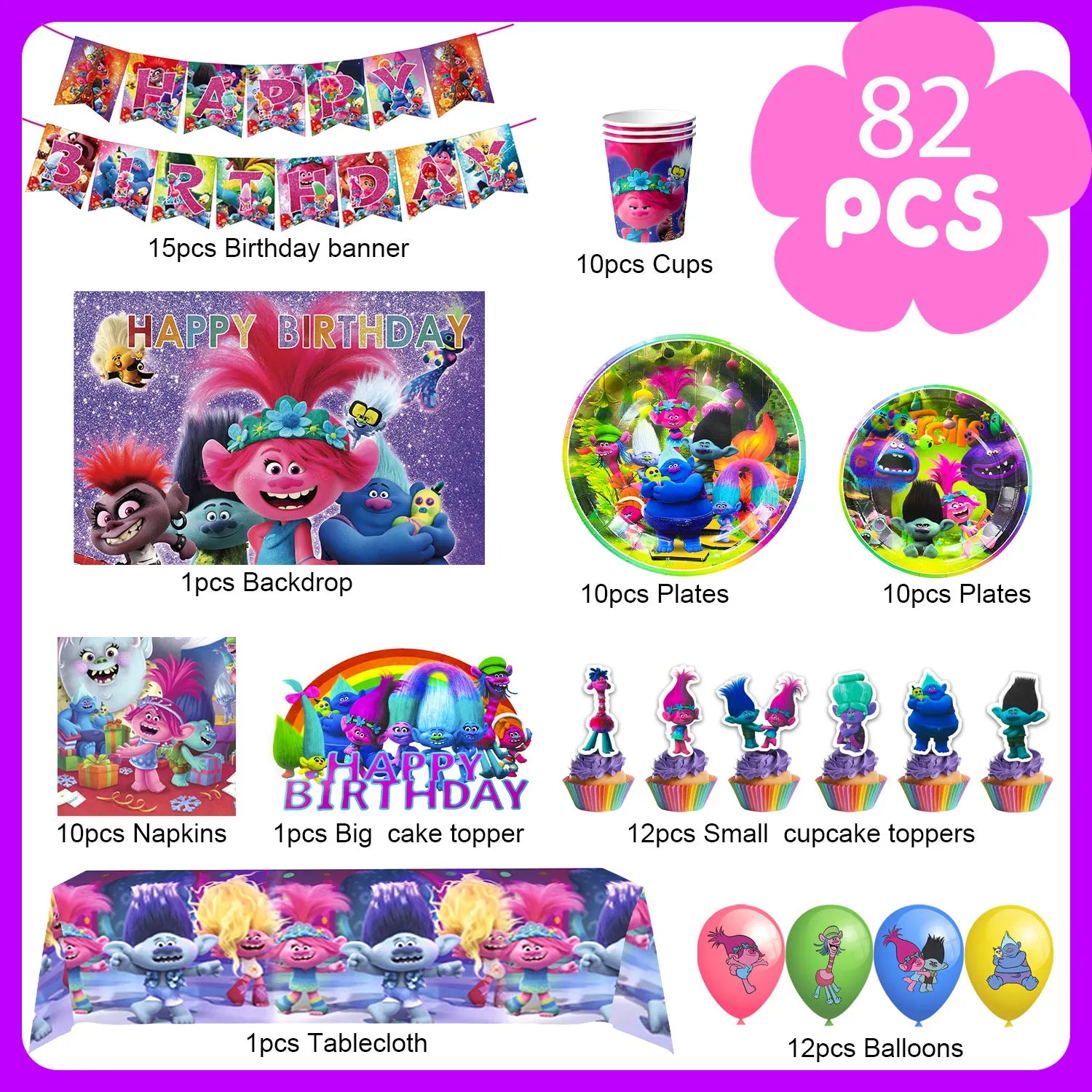 Trolls Birthday Party Decorations Supplies, 82 Pcs Trolls Band Together Party Supplies Include Trolls Cake Topper Balloons Banner Plates Napkins Cups etc Trolls Party Decorations, for Girls & Boys
