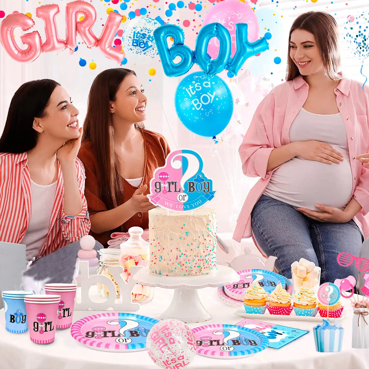 Baby Gender Reveal Party Supplies,118pcs gender reveal party decorations&Tableware Set-Gender Reveal Balloons,Boy or Girl Banner Balloons Plates Cups Tablecloth Fringe Curtains Photo Booth Props etc..