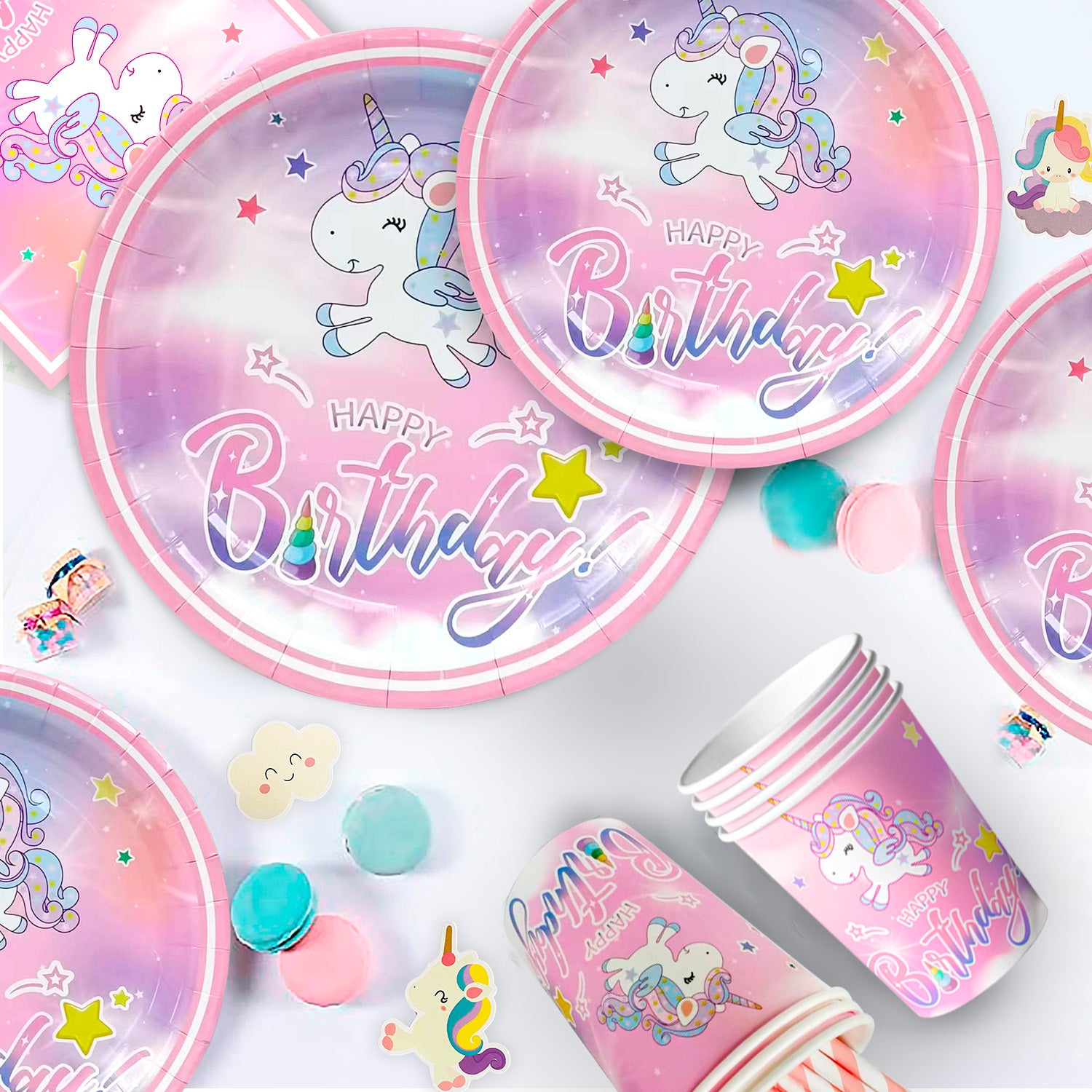 Unicorn Birthday Party  Decoration Supplies, 16 Guests Unicorn Party Tableware Set, Unicorn Paper Plates Napkins Table Cloth Balloon Banner Headband etc