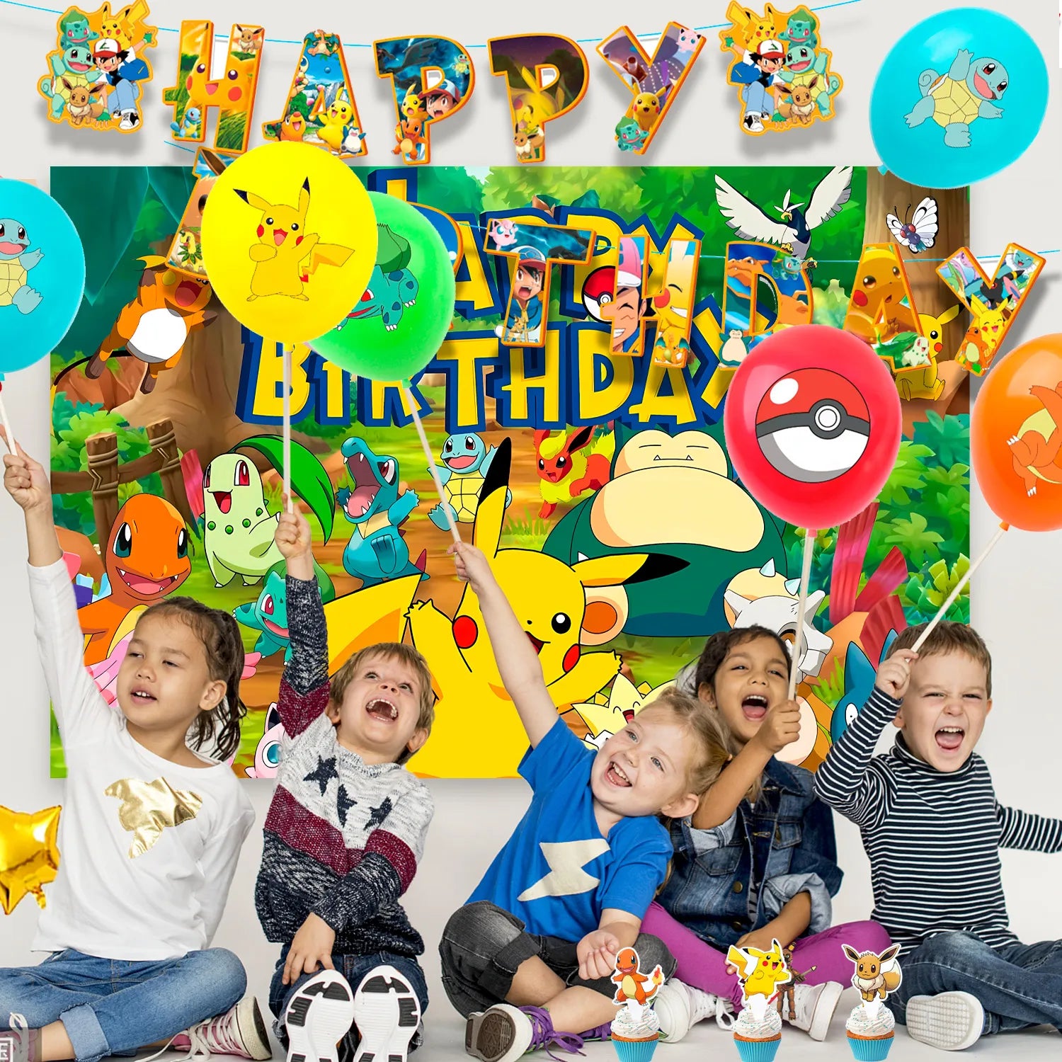 Pokemon Party Supplies Set,38 Pcs Pokemon Themed Birthday Decorations - Pokemon Balloons Banners Cake Topper and Pokemon Birthday Balloons for Kids Pokemon Themed Birthday Party