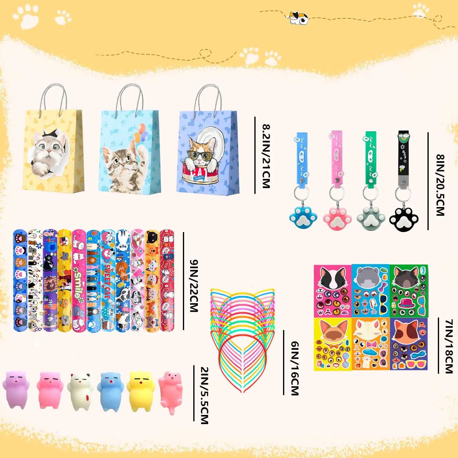 Cat Party Favors, 72pcs Kitty Party Favors Set Including Cat Goodie Bags Ears Headband Stickers Keychains Slap Bracelets etc Cat Themed Party Favors for Cat Birthday Party Decorations Supplies