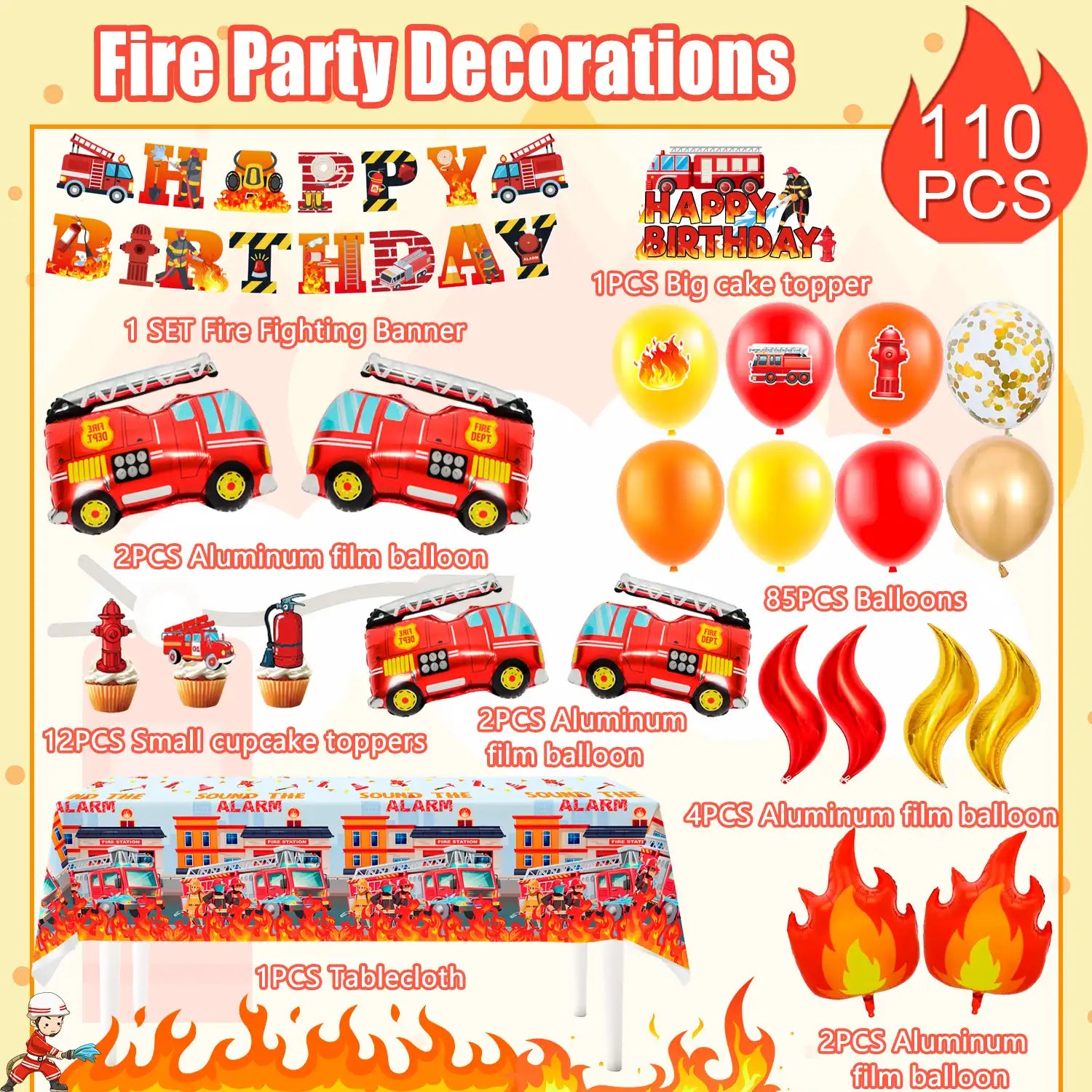 Fire Truck Party Decorations, 110 Pcs Firetruck Birthday Decorations - Fire Truck Party Balloons & Fire Truck Birthday Banner Cake Toppers Tablecloth etc Firefighter Birthday Party Decorations