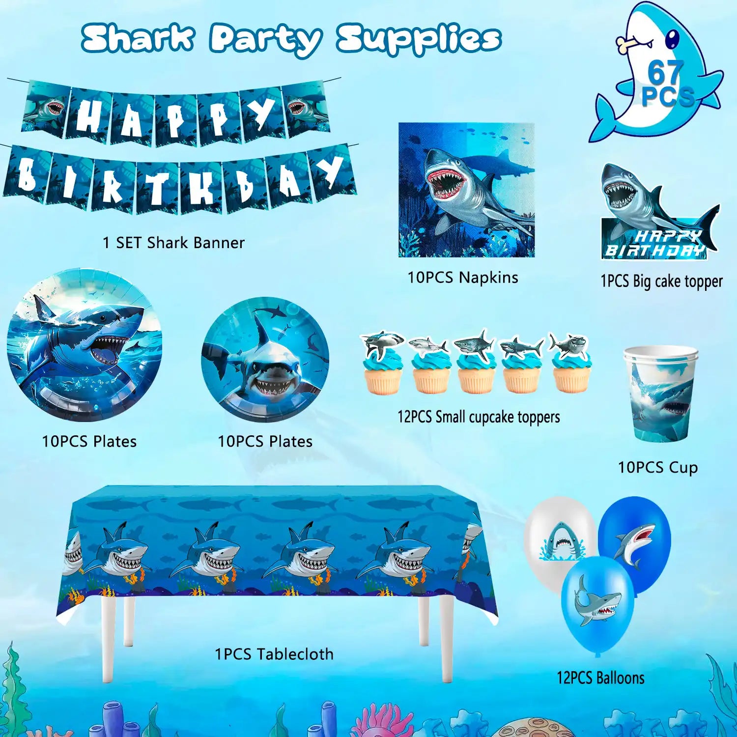 Shark Party Supplies, 10 Guests Shark Birthday Party Decorations & Shark Party Tableware Set - Shark Plates and Napkins Tablecloths & Shark Balloons Banner Shark Cake Toppers etc Shark Party Decorations