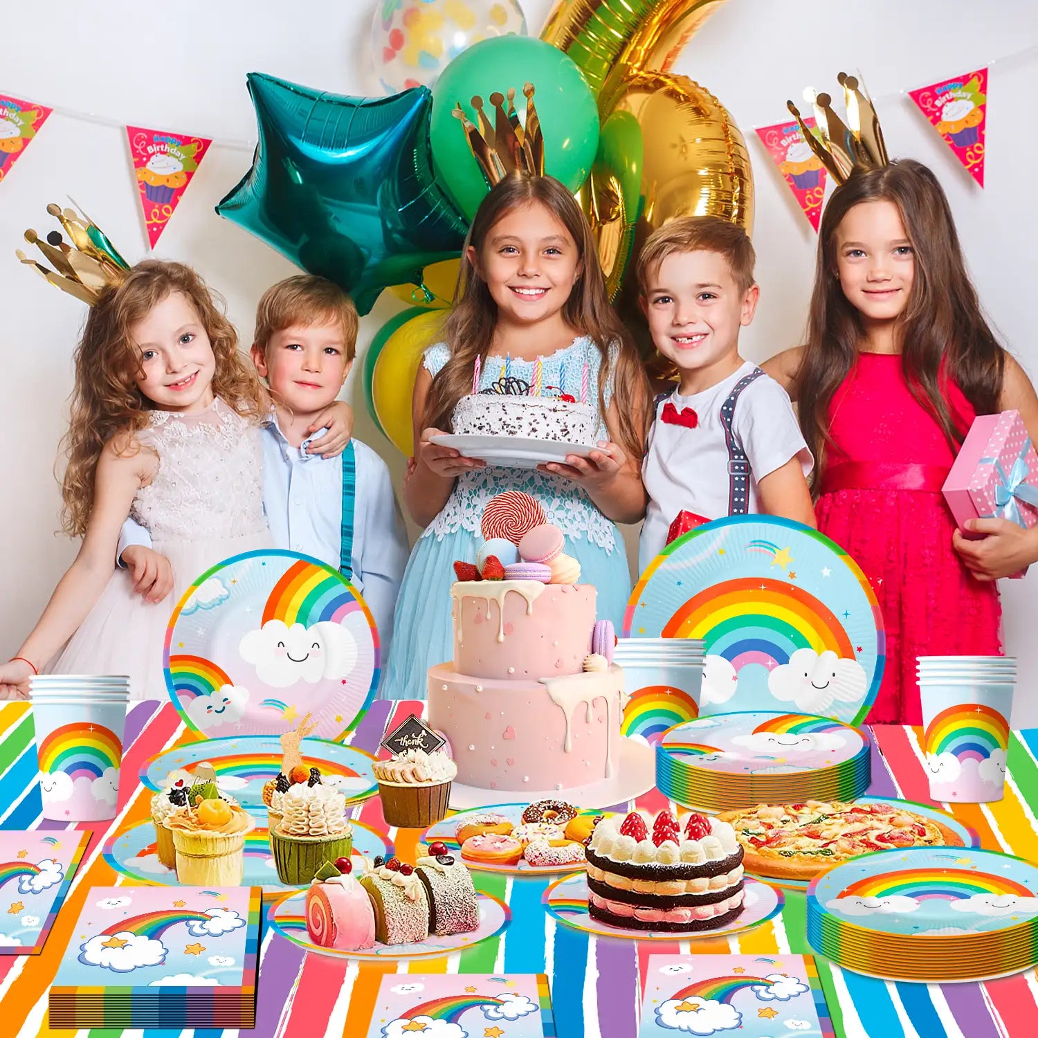 Rainbow Party Supplies, 20 Guests Rainbow Plates and Napkins Party Supplies Includ Rainbow Party Plates and Cups and Napkins Sets With Rainbow Tablecloth etc Rainbow Party Decorations for Girls Kids