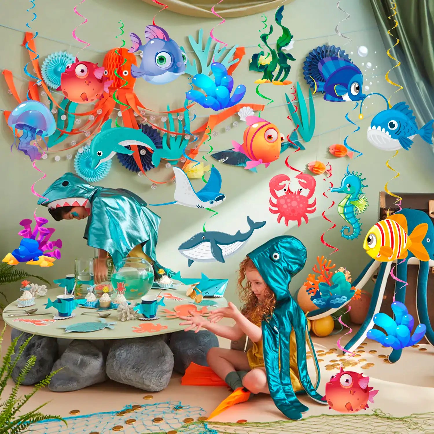 Sea Animals Hanging Swirl Decorations, 32 Pcs Under Sea Hanging Swirls Decoration, Ocean Ceiling Hanging Swirls & Undersea Spiral Decoration, for Ocean Theme Party & Under the Sea Party Decorations