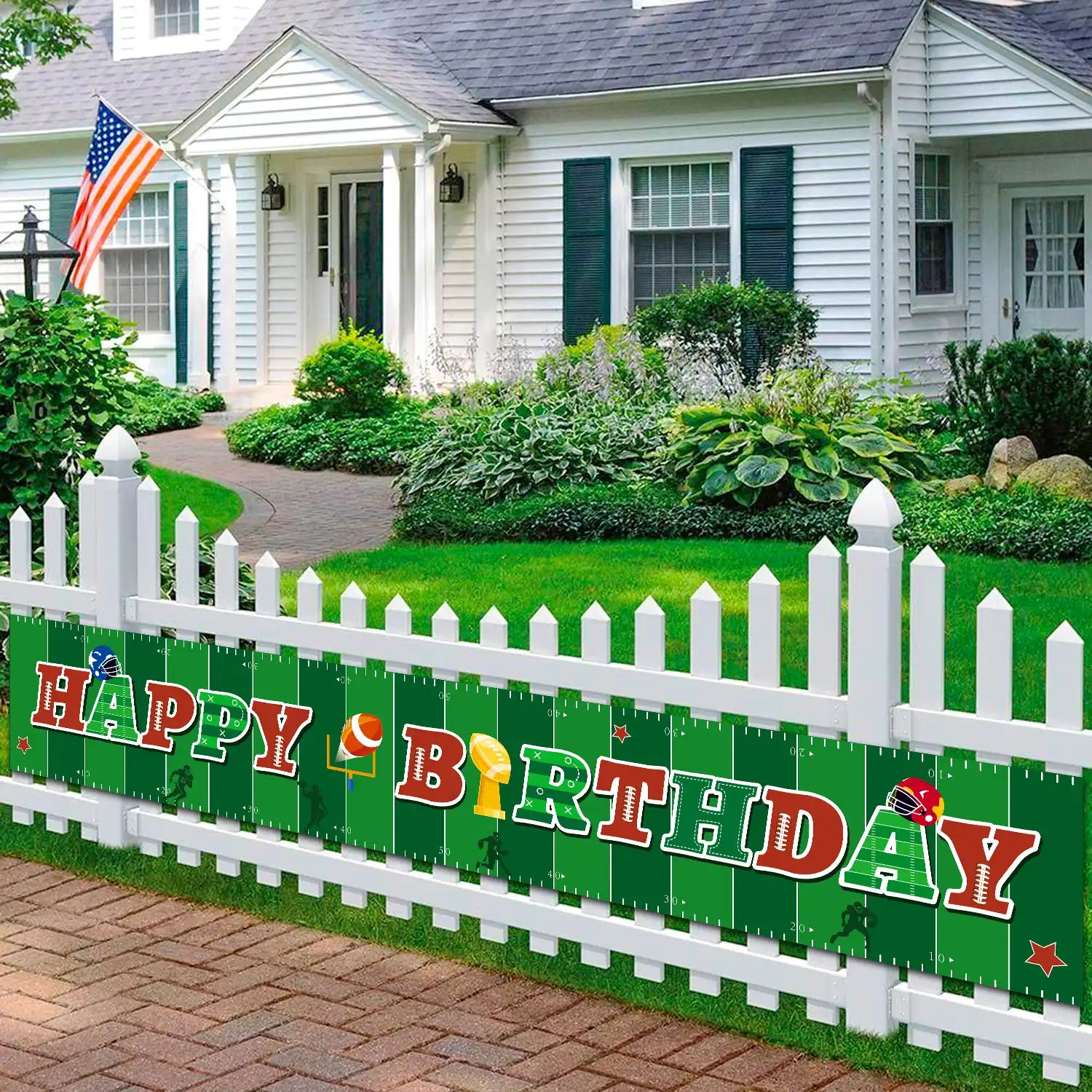 Football Fence Banner, 118 x 19.6'' Rugby Fence Banner, Football Party Yard Banner & Large Football Happy Birthday Banner for Football Decorations Supplies for Outdoor Yard Garden