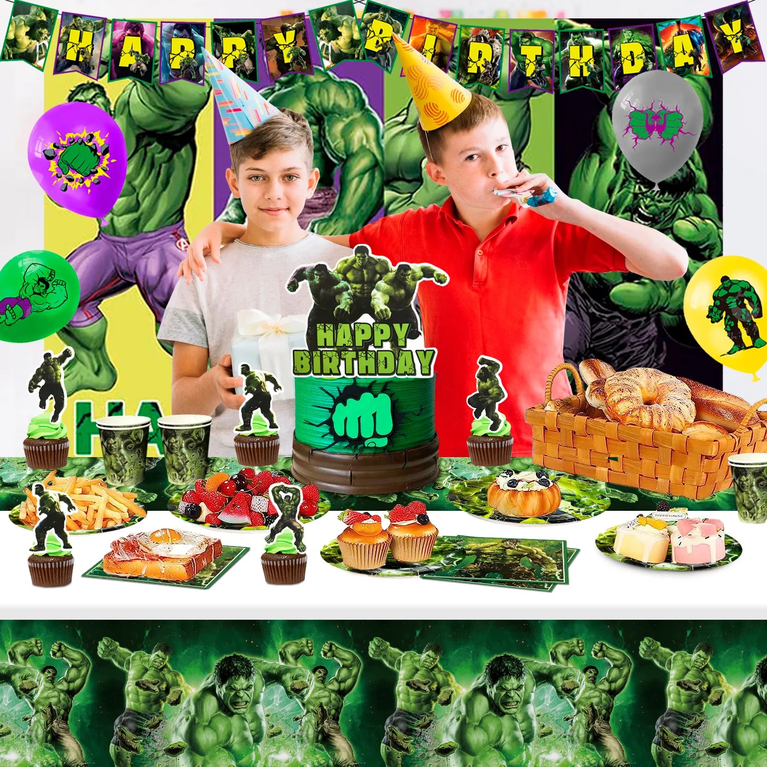 Hulk Birthday Party Supplies, 82pcs Hulk Party Decorations & Tableware Set Including Hulk Cake Topper Balloons Backdrop Plates Cups etc Hulk Themed Birthday Party Decorations Supplies for Boys/Girls
