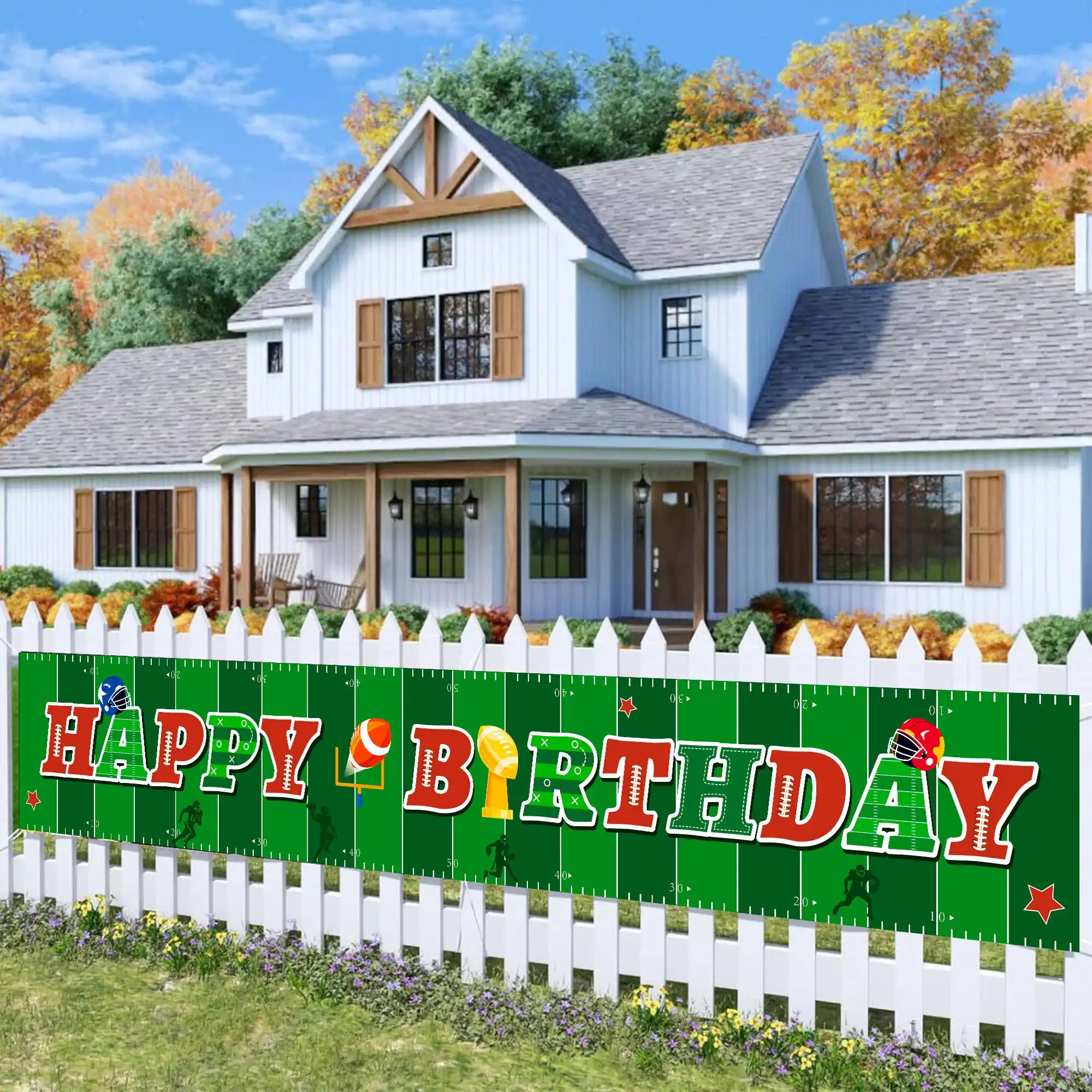 Football Fence Banner, 118 x 19.6'' Rugby Fence Banner, Football Party Yard Banner & Large Football Happy Birthday Banner for Football Decorations Supplies for Outdoor Yard Garden