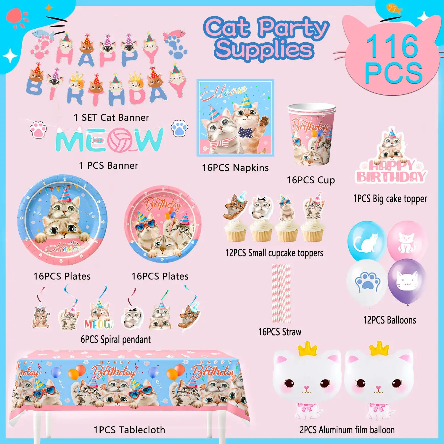 Cat Birthday Party Supplies, 16 Guests Cat Party Decorations Set Includes Cat Birthday Decoration Balloons Banner Cake Topper And Cat Party Plates Cups Tablecloth ect Cat Themed Birthday Party Supplies