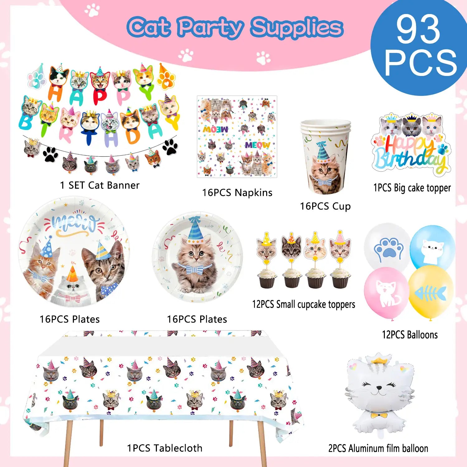 Cat Birthday Party Supplies, 16 Guests Cat Birthday Decorations & Cat Theme Tableware Set-Cat Party Plates Napkins Tablecloth&Cat Birthday Banner Balloons etc Cat Themed Birthday Party Supplies for Girls