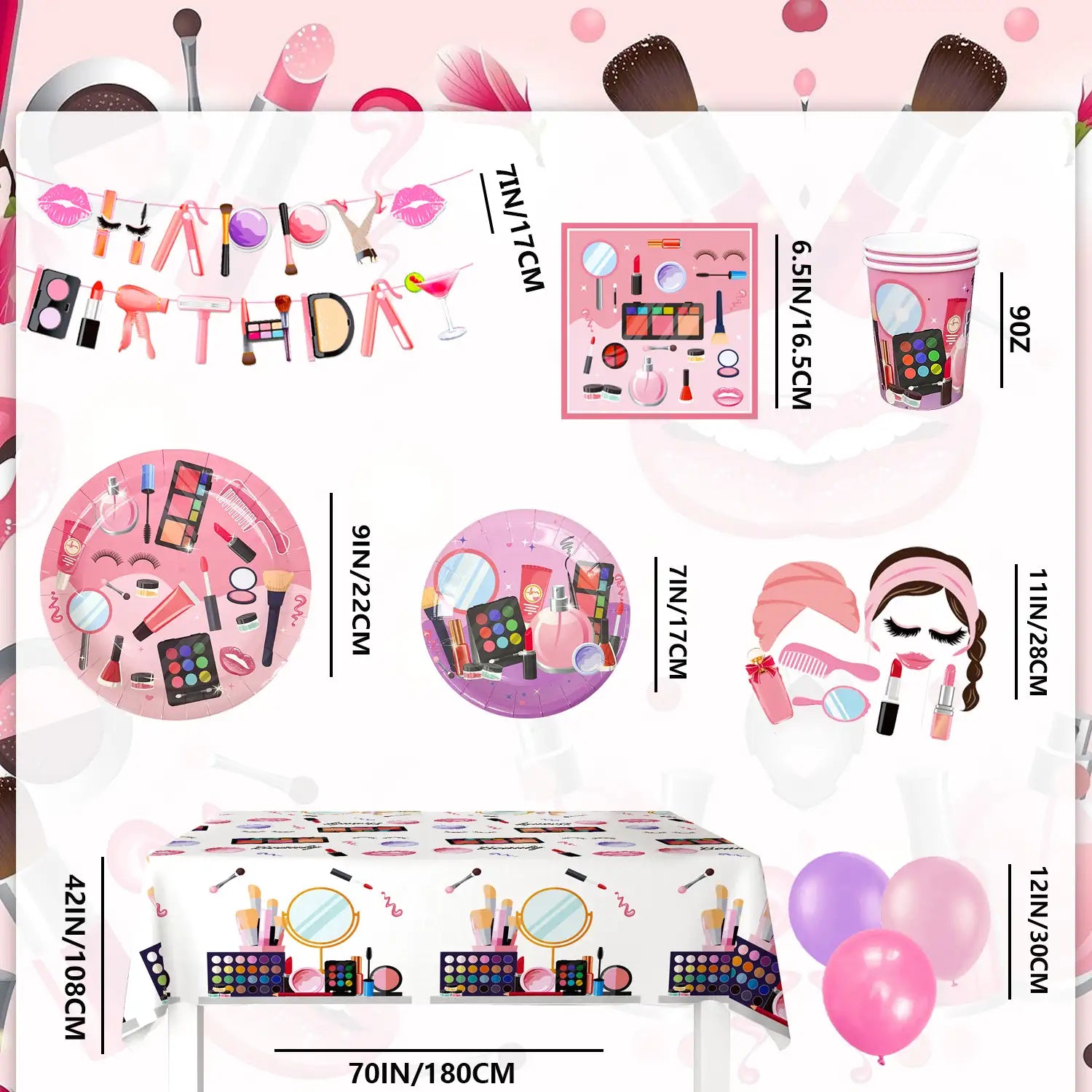 Makeup Birthday Party Supplies, 16 Guests Spa Party Decorations Set-Makeup Theme Party Decoration Plates Cups Napkins Banner Balloon Photo Booth Props etc Makeup Birthday Party Decorations for Girls Women