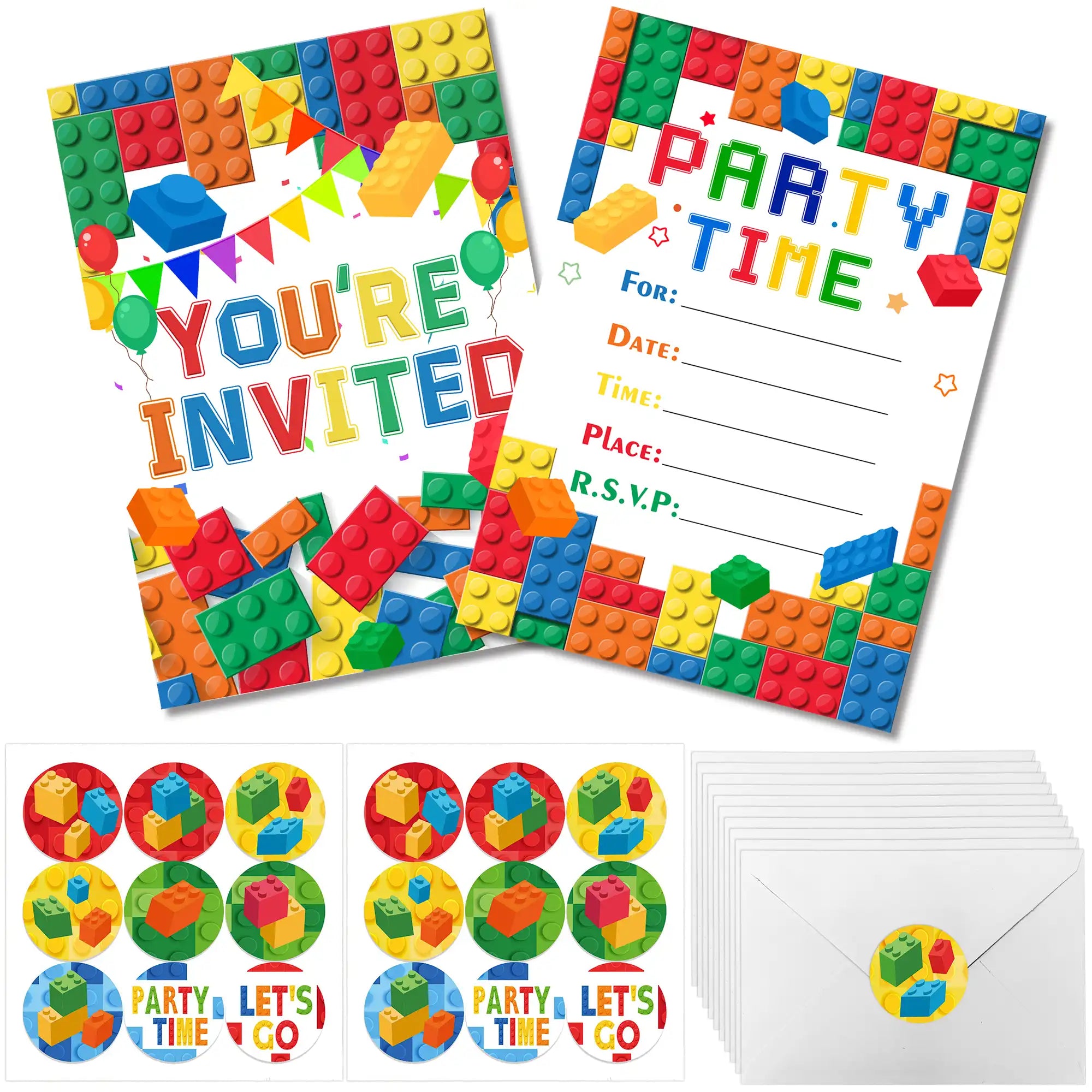 Building Blocks Birthday Party Invitations, Brick Party Invitation Card Building Birthday Invites with Stickers & Envelopes, Bricks Birthday Invites for Building Blocks Party Favors(24 Guests)