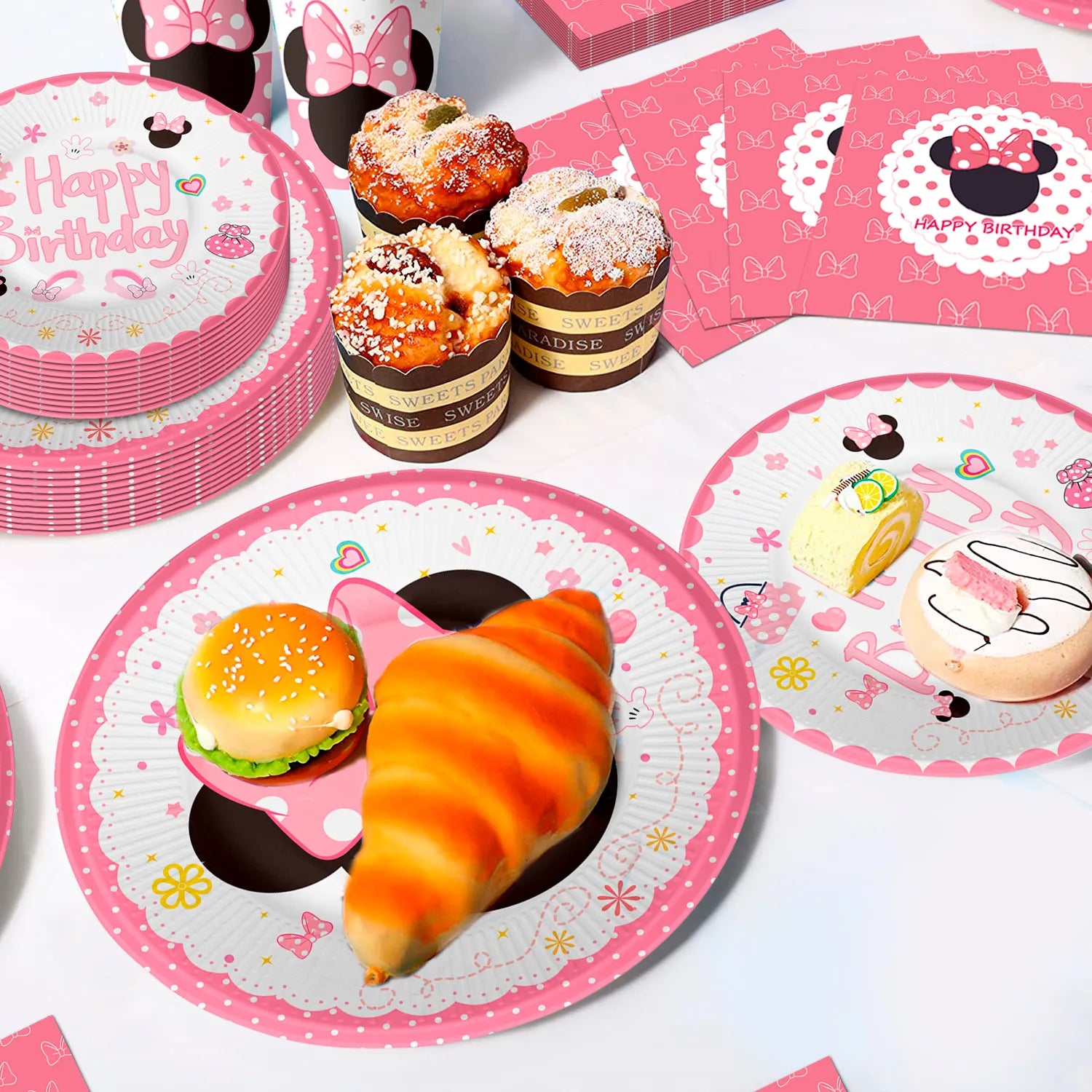 Minnie Mouse Party Supplies,16-Person Minnie Mouse Tableware Set - Min-niee Mou-ses Plates and Napkins Cups and Minnie Mouse Table cloth etc Minnie Mouse Birthday Party Supplies for Girls