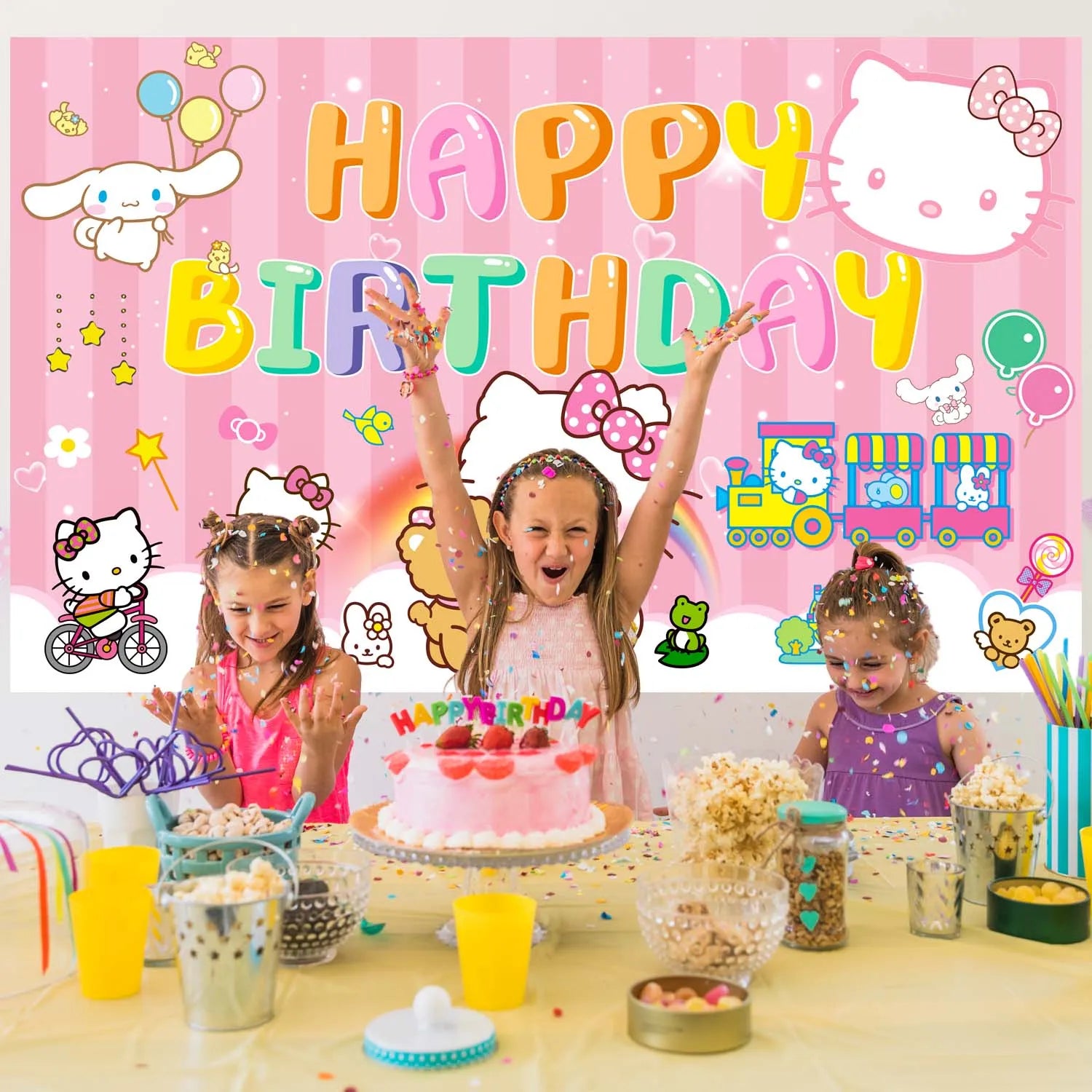 Hello Kitty Party Backdrop, 71x43'' Hello Kitty Birthday Party Background, Happy Birthday Hello Kitty Backdrop & Hello Kitty Birthday Backdrop, for Hello Kitty Party Decorations
