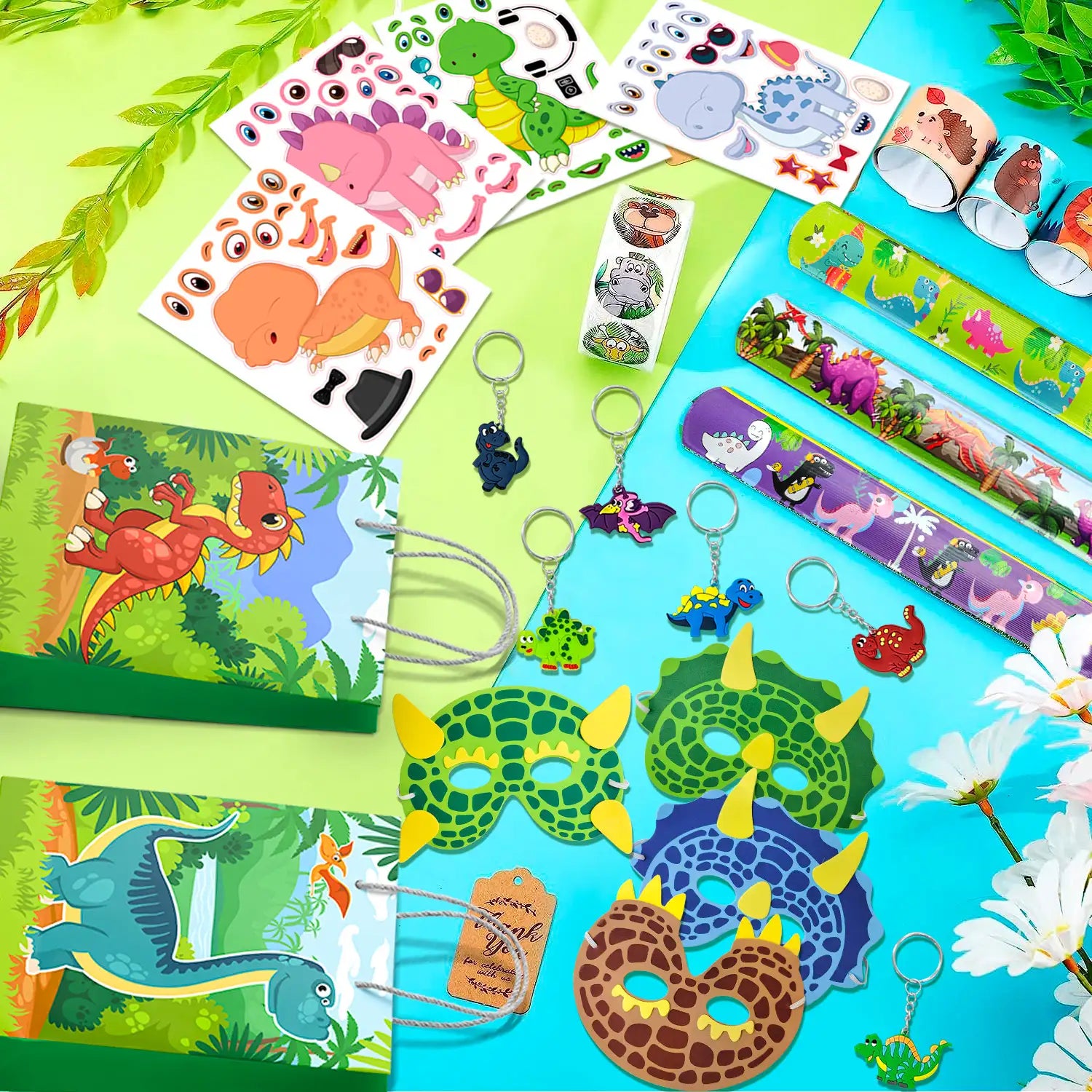 Dinosaur Party Favors for Kids, 12 Guests All-in-One Dinosaur Birthday Party Favors Set - Dino Party Favor Bags Keychains Stampers Stickers Toys Clap Bracelets etc Dinosaur Birthday Party Supplies