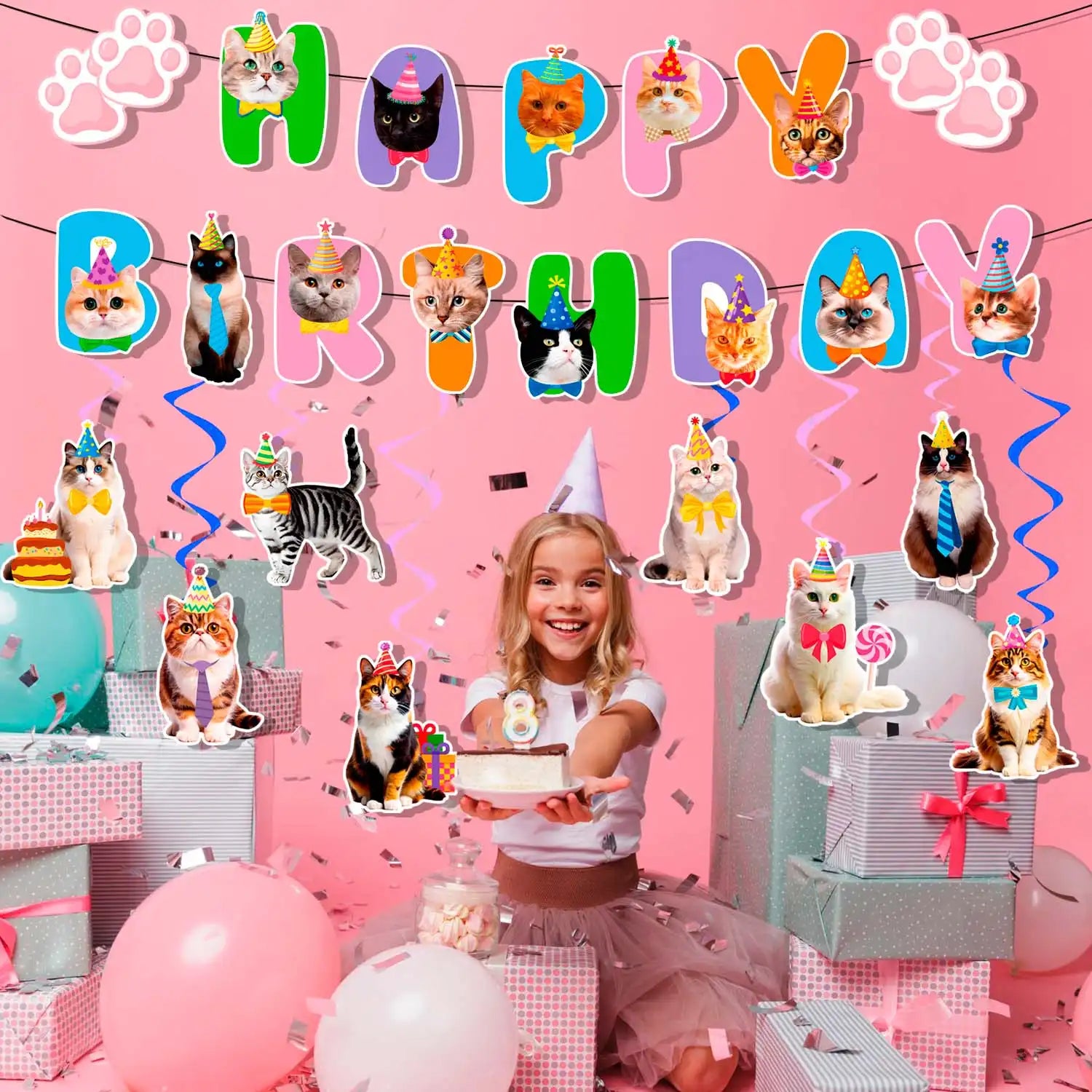 Cat Birthday Party Decorations, 9 Pcs Cat Birthday Decorations - Cat Themed Birthday Banner Balloon & Cat Swirl Decorations for Cat Themed Birthday Party Supplies