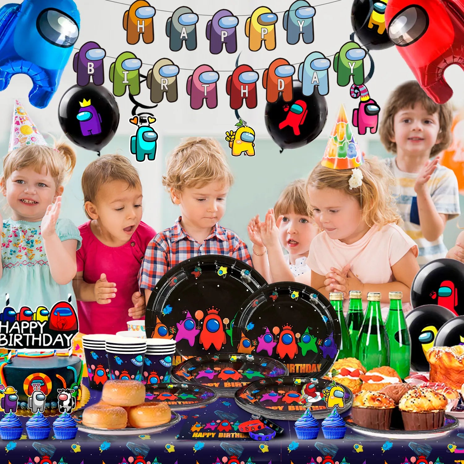 Among Us Birthday Decorations, 144pcs Among Us Party Decorations Tableware - Among Us Balloons Banner Tablecloth Paper Cups, Paper Tray, Napkins etc., Among Us Birthday Party for Boys