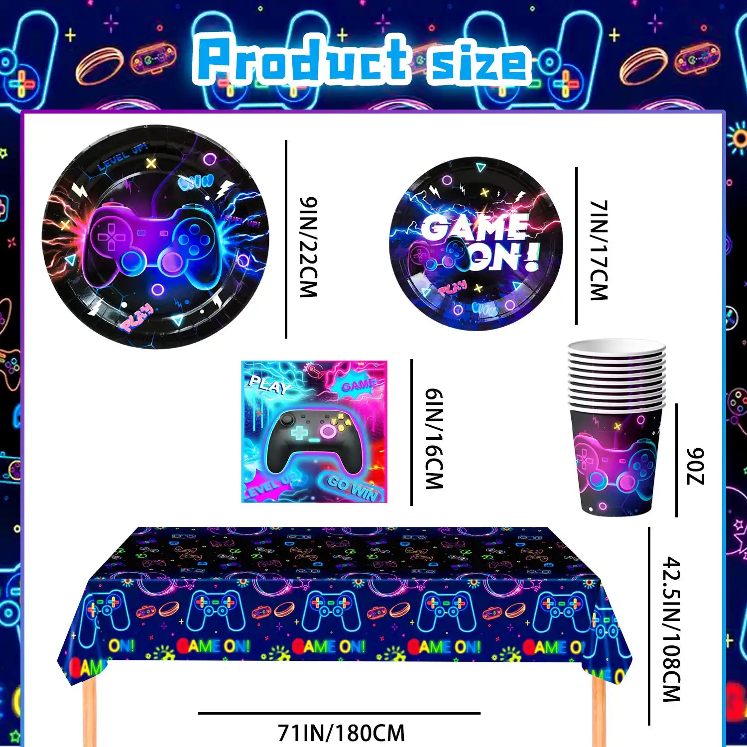 Video Game Birthday Decorations Tableware,65Pcs Game On Birthday Party Tableware Set-Video Game Birthday Plates Napkins Cups Tablecloth etc Glowing Game Party Tableware for Video Game Party Supplies