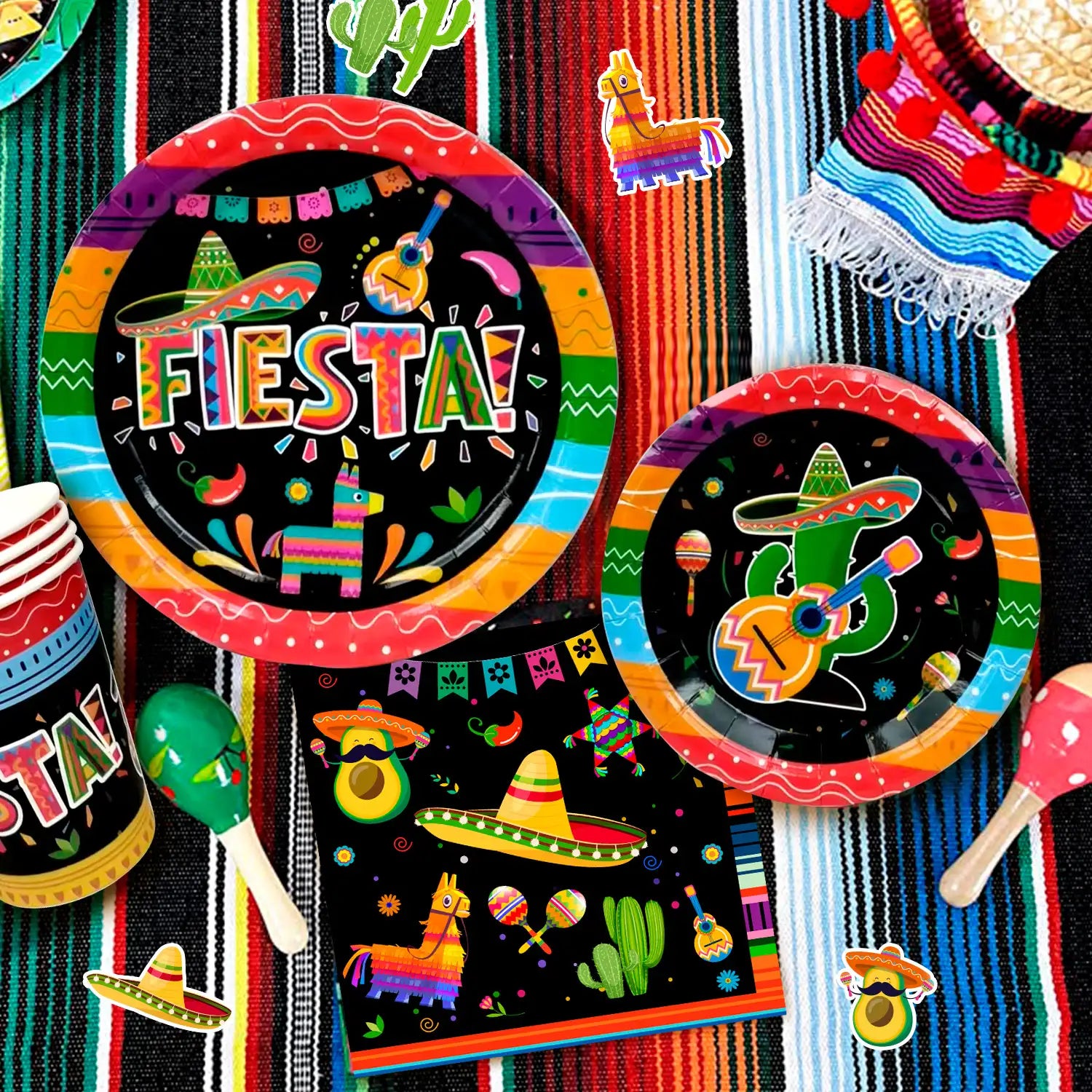 Mexican Themed Fiesta Party Supplies, 20 Guests Mexican Party Paper Tableware set Including Fiesta Plates Cups Napkins Tablecloth and Banner ect Fiesta Themed Party Supplies, for 20 Guests