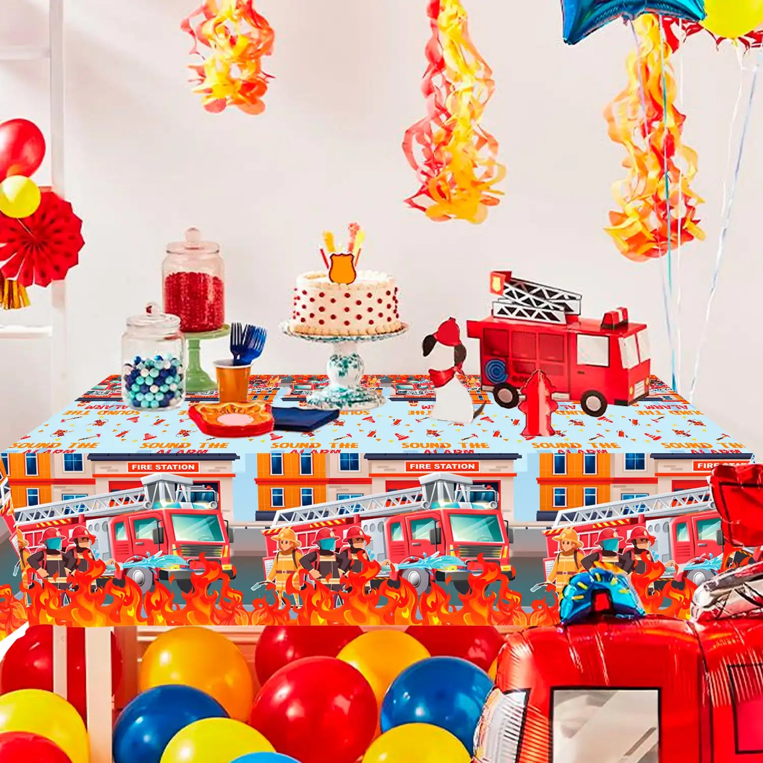 Fire Truck Tablecloth, 3 Pcs Firefighter Party Tablecloth Set - Fire Truck Birthday Tablecloth, Firefighter Party Table Cover & Fire Truck Birthday Party Tablecloth for Fire Truck Birthday Decorations