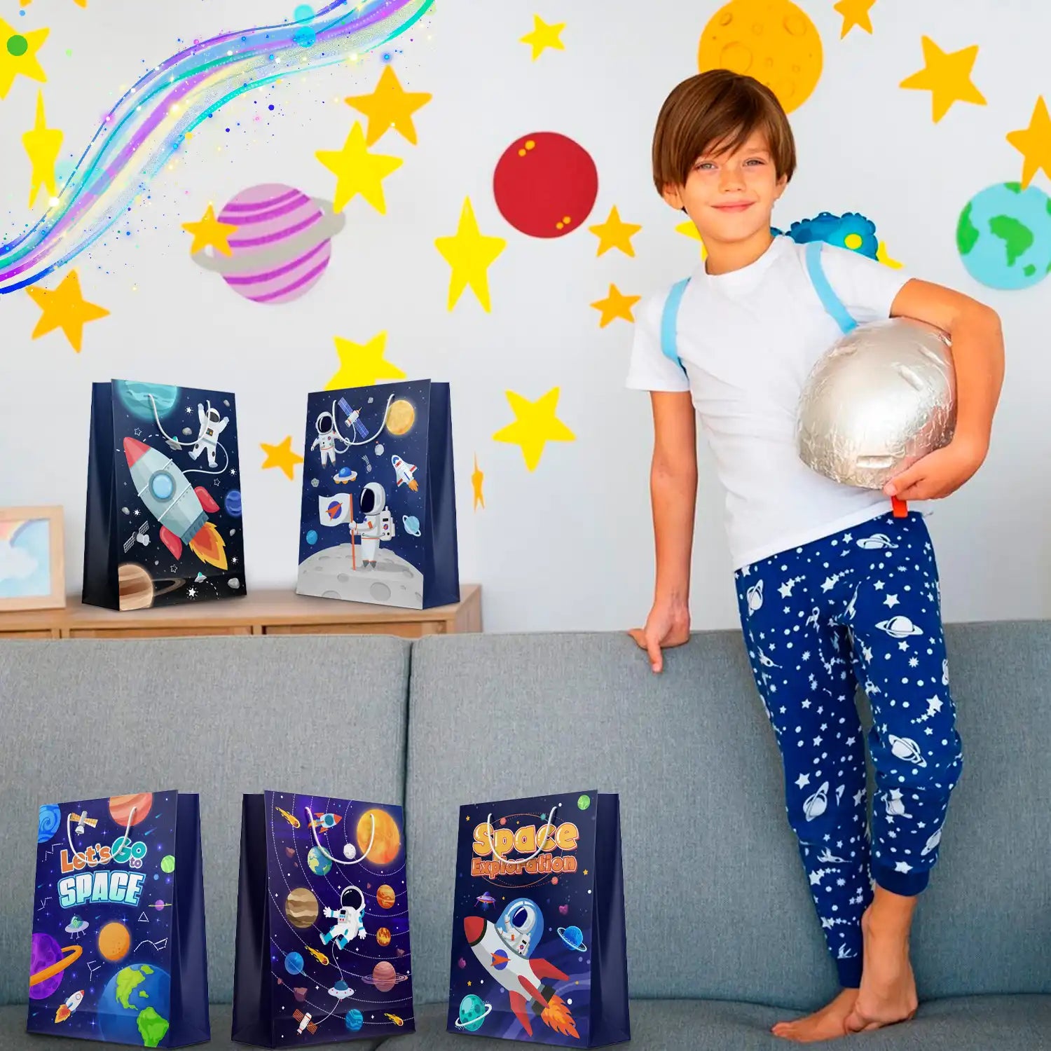 Space Goodie Bags, 24 Pcs Space Party Favor Bags Set - Space Party Bags, Outer Space Treat Bags & Space Gift Bags for Space Birthday Party Decorations/Space Themed Party Decorations
