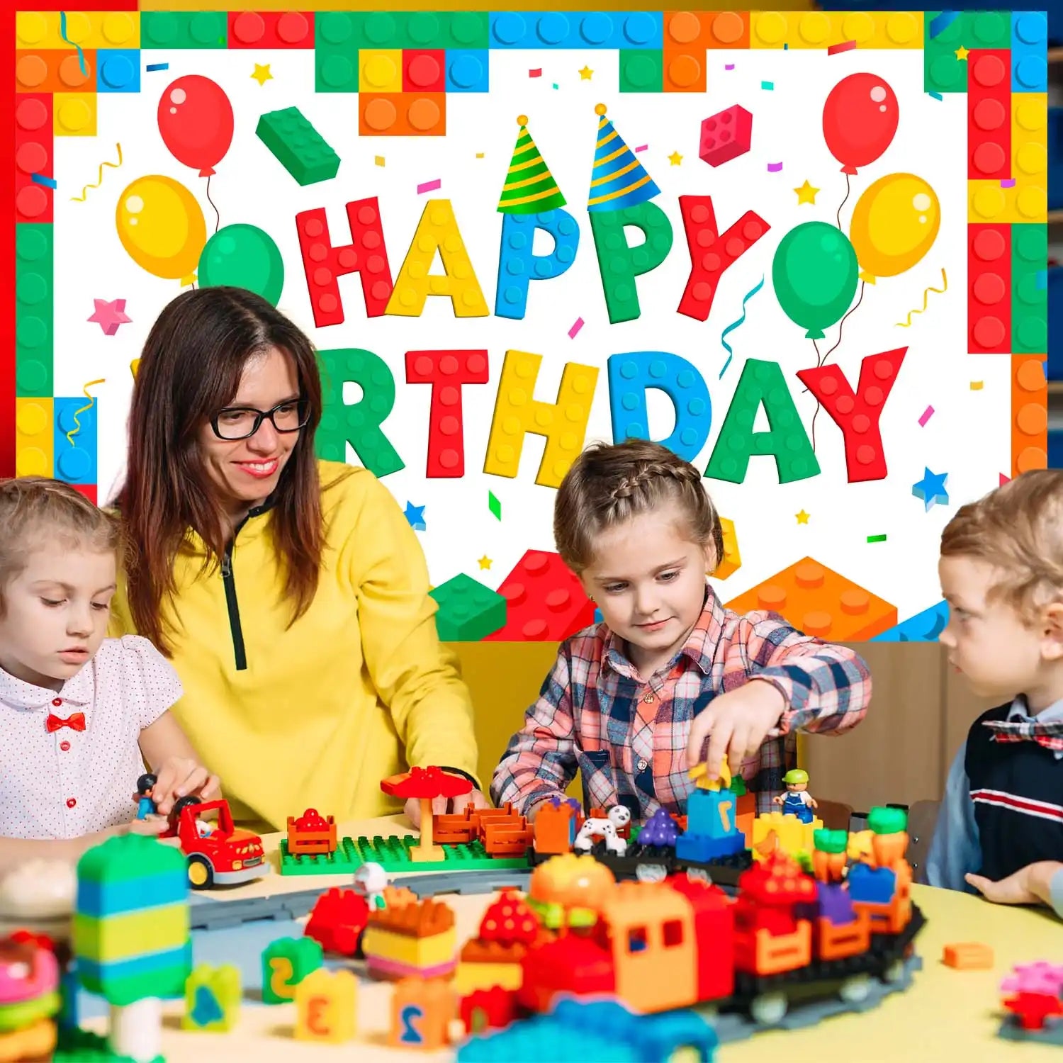 Building Block Backdrop,71'' x 43'' Building Block Birthday Backdrop Banner Building Block Photo Backdrop Building Blocks Party Backdrop, Building Block Theme Backdrop for Building Block Party Favors