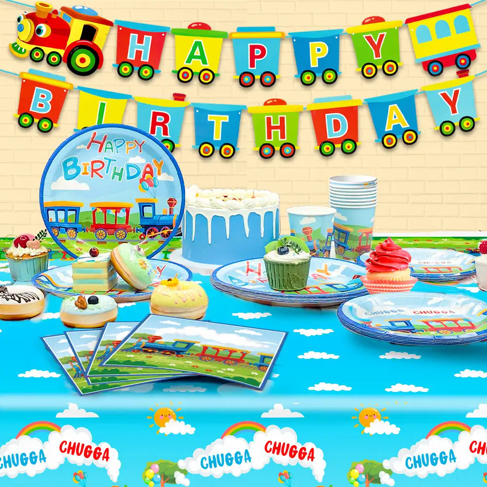 Train Birthday Party Supplies, 16 Guests Train Party Decorations Tableware Set - Train Plates and Cups Napkins & Train Birthday Banner Tablecloth etc Train Themed Tableware for Boys/Girls Kids