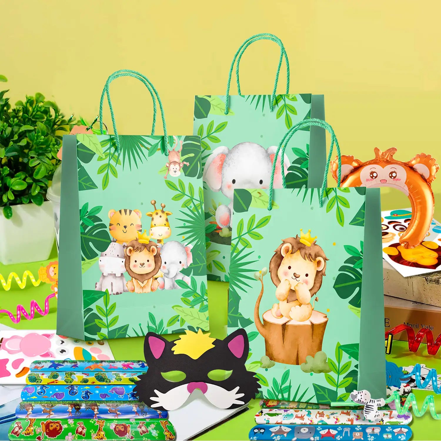 Jungle Safari Party Favors, 72pcs Jungle Safari Birthday Party Favors Set Includes Safari Party Slap Bracelets Stickers Straws Balloon, Animal Mask, Safari Goodie Bags etc Jungle Party Favors for Kids