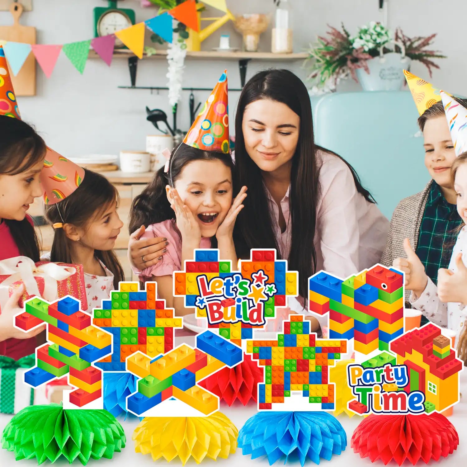 Building Block Honeycomb Centerpieces, 9 Pcs Building Block Themed Honeycomb Centerpieces Building Block Honeycomb Table Decorations Building Block Party Honeycomb for Building Block Birthday Party