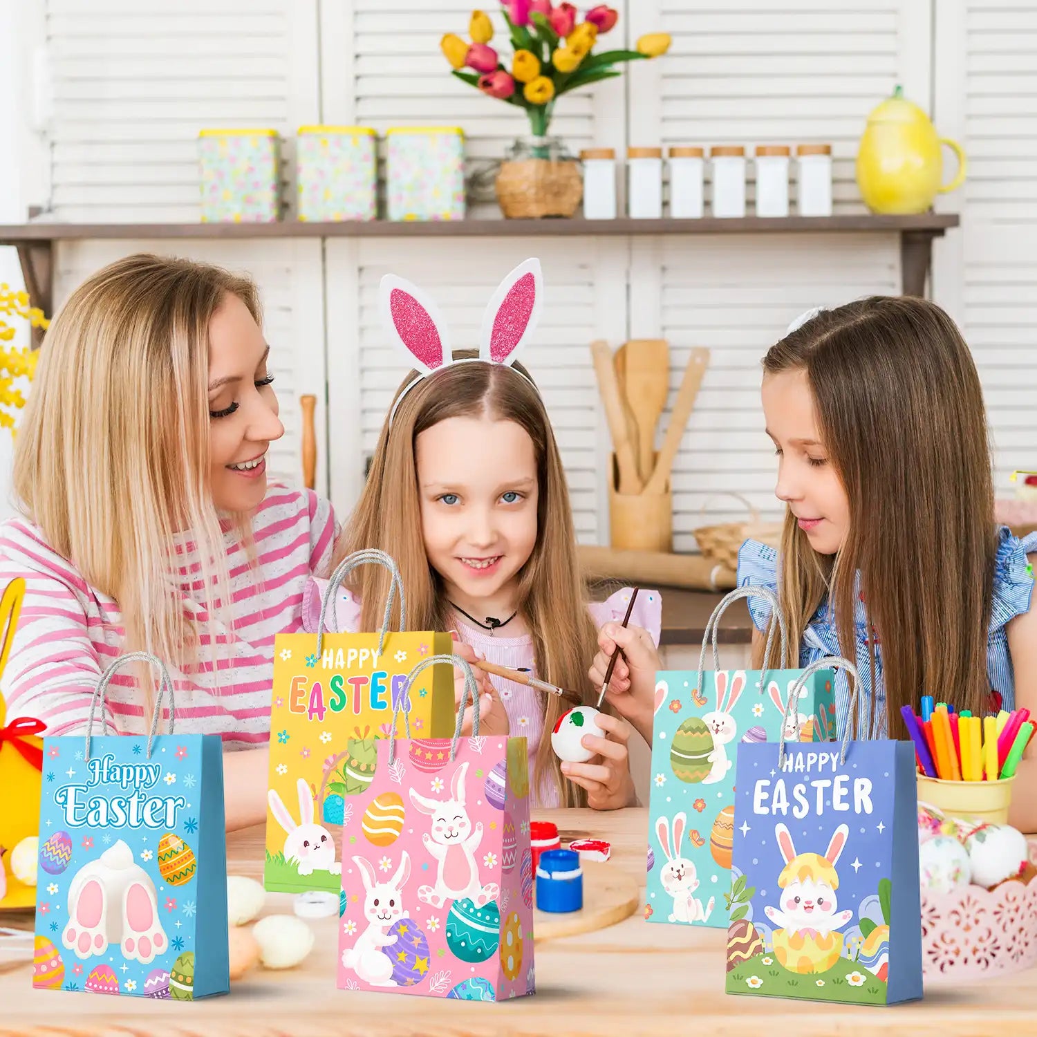 Easter Gifts Bags with Handles, 24 Pcs Easter Paper Treat Bags Easter Paper Handle Bags Easter Party Bags Easter Snack Paper Bags Easter Paper Lunch Bags, for Bunny Birthday Decorations Supplies