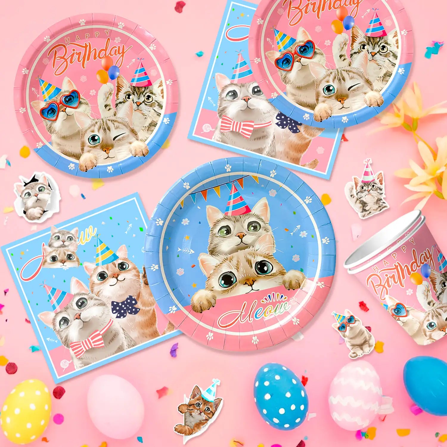 Cat Birthday Party Supplies, 16 Guests Cat Party Decorations Set Includes Cat Birthday Decoration Balloons Banner Cake Topper And Cat Party Plates Cups Tablecloth ect Cat Themed Birthday Party Supplies