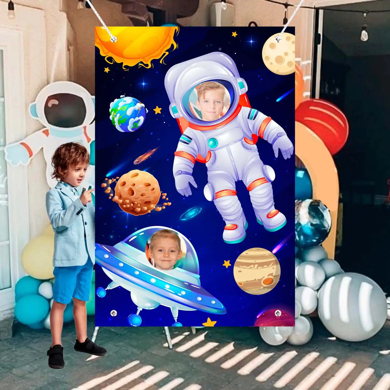 Astronaut Face Photography Background, 59.06''x39.37'' Space Theme Backdrop/Outer Space Birthday Party Backdrop/Outer Space Party Backdrop for Space Photo Prop & Space Birthday Party Decorations