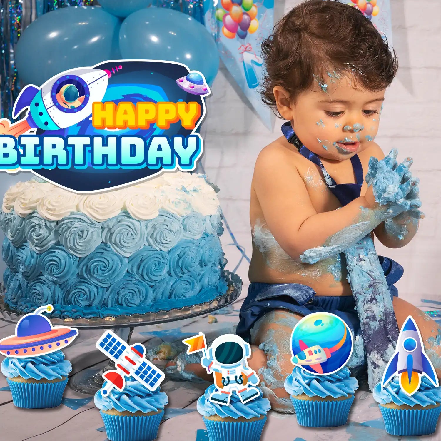 Space Cake Topper, 25 Pcs Space Cake Decorations - 1 Space Theme Cake Topper + 24 Space Cupcake Toppers, Astronaut Rocket Cake Topper & Planet Cake Toppers etc Outer Space Party Decorations Supplies