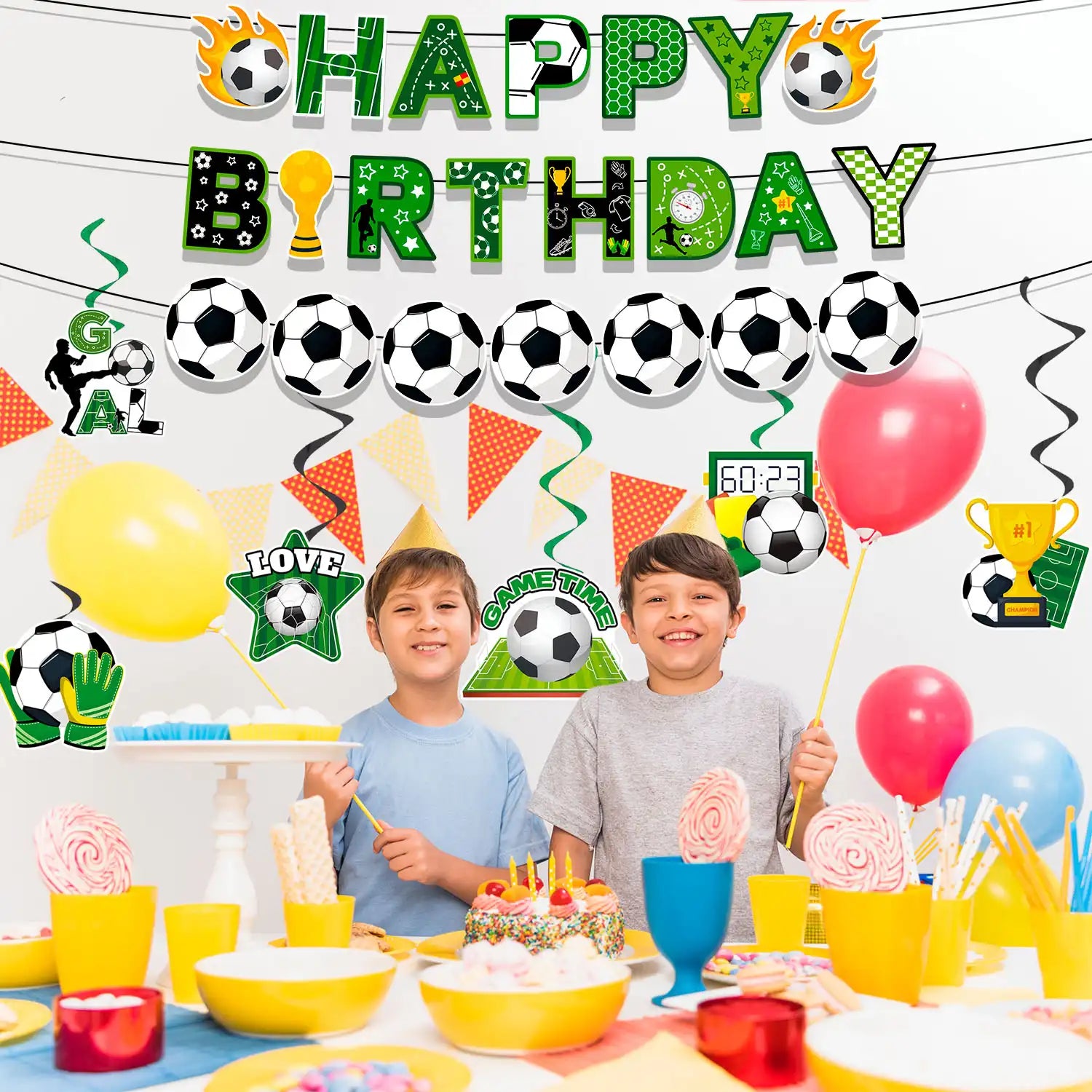 Soccer Hanging Swirl, 8 Pcs Soccer Birthday Party Decorations Set - Happy Birthday Soccer Banner, Soccer Themed Hanging Foil Swirls & Soccer Garland for Soccer Birthday Party Supplies