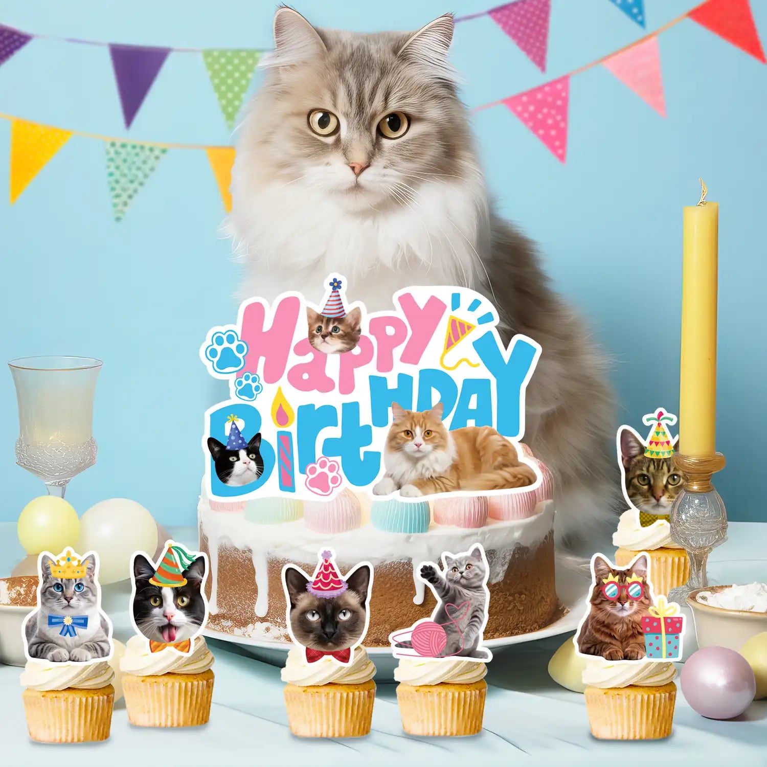 Cat Cake Toppers, 24 Pcs Cat Cupcake Toppers Kitten Theme Cupcake Topper + 1 Pcs Cat Birthday Cake Topper Cat Cake Decorations for Cat Birthday Decorations & Cat Party Decorations