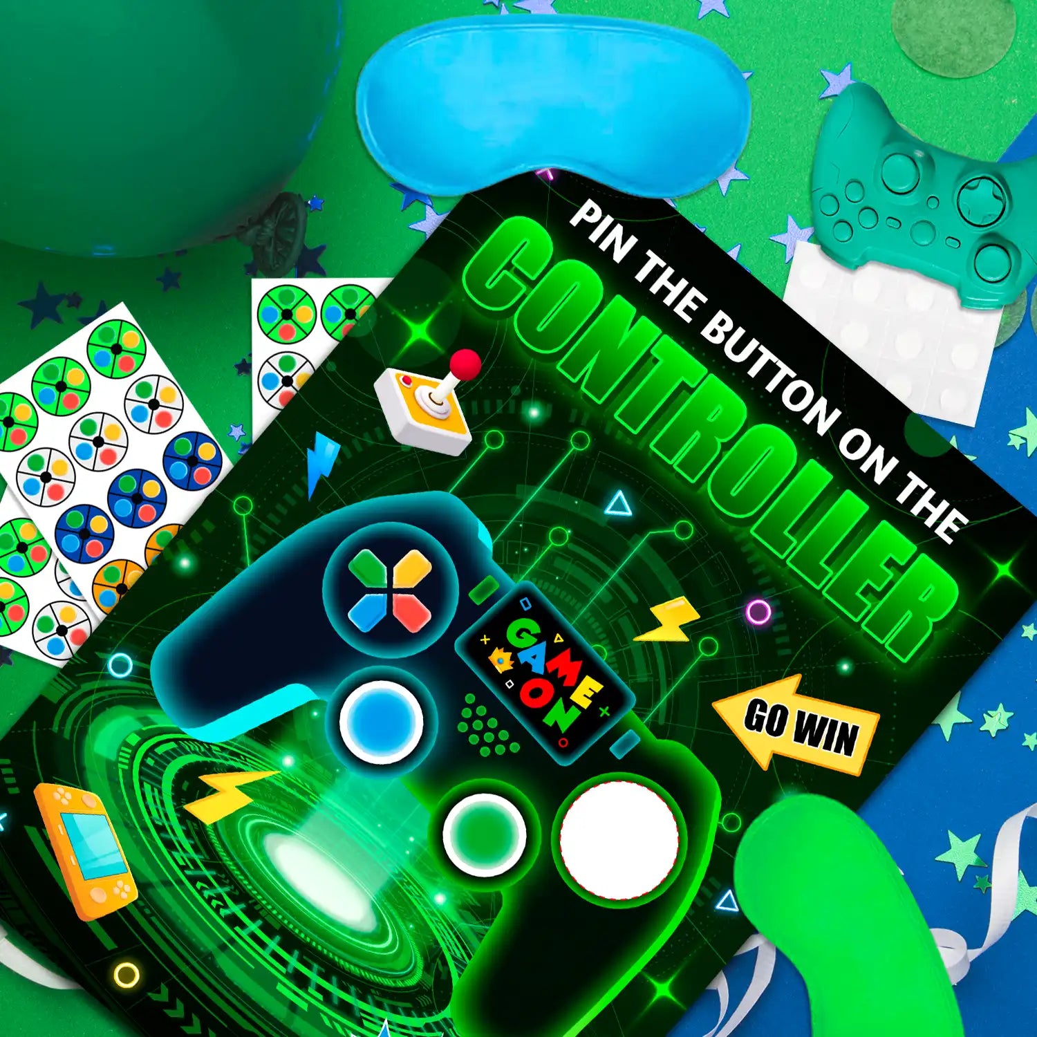 Pin The Button on The Video Game Party Game, Video Game Birthday Games Supplies - Video Game Party Game Poster, Video Game Button Sticker & Gaming Party Blindfold etc Video Game Birthday Decorations