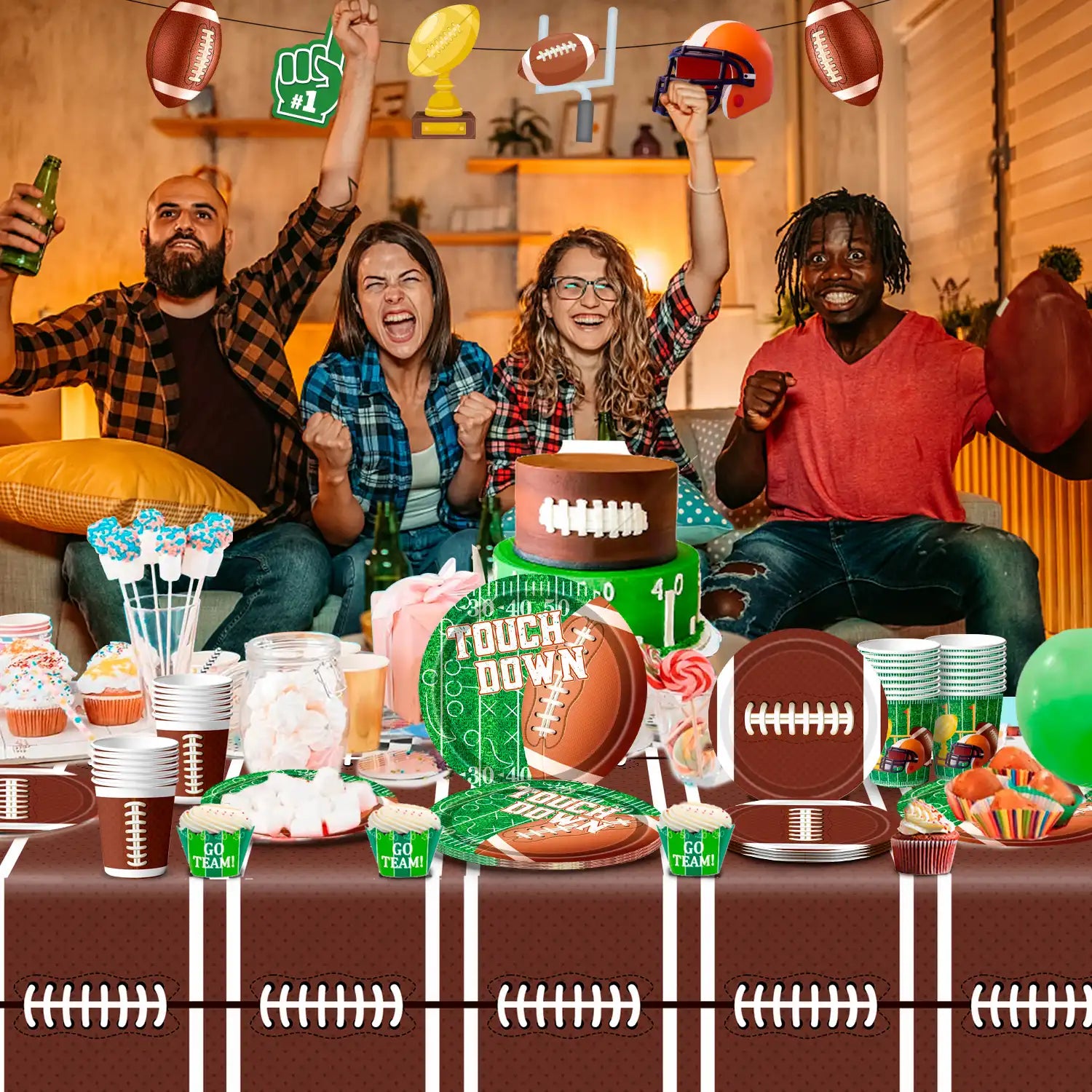 Football Party Supplies Tableware, 24Guests Football Party Tableware Set - Football Plates and Napkins Cup Tablecloth & Swirls etc Football Party Decorations for Football Birthday Party,Tailgate Party