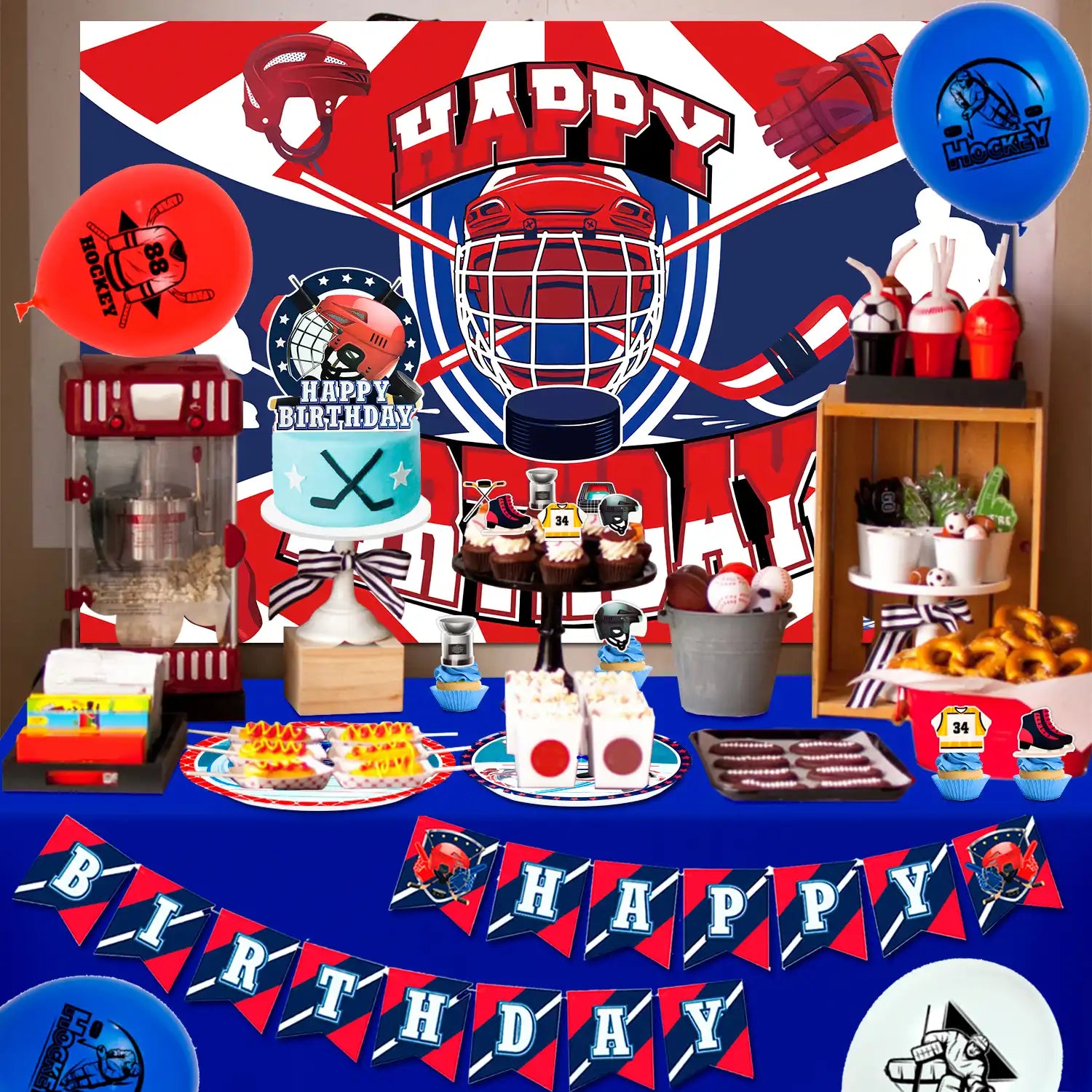 Hockey Birthday Decorations, 108 Pcs Hockey Party Decorations & Hockey Tableware Set - Hockey Party Balloons Banner Backdrop & Hockey Plates Napkins Tablecloth etc Ice Hockey Birthday Party Supplies