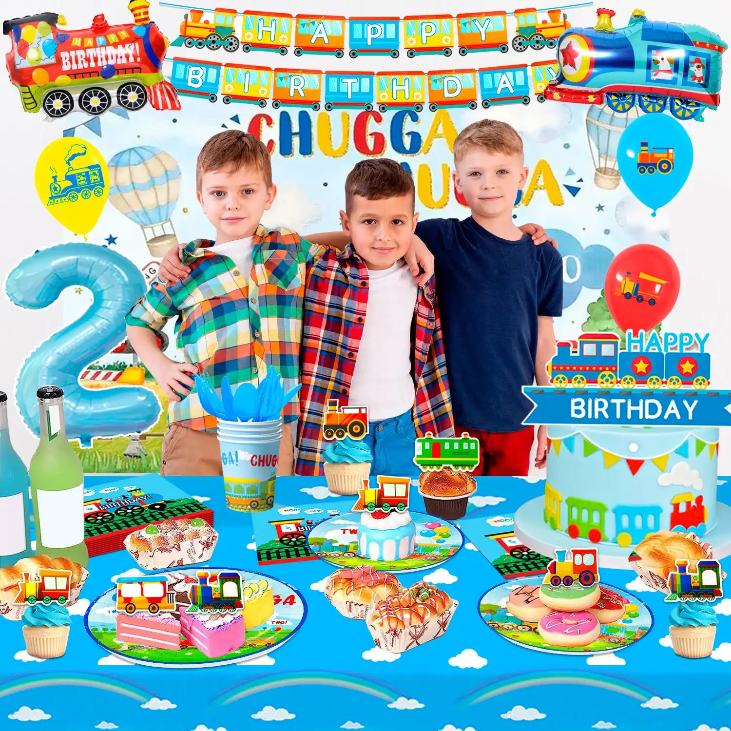 Chugga Chugga Two Two Party Decorations, 16 Guests Train Birthday Decorations & Train Party Tableware Set- Train Plates Cups Napkins Tablecloth Banner Balloons Backdrop etc Train Birthday Party Supplies