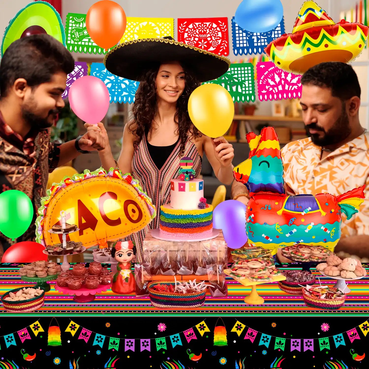Mexican Fiesta Decorations, 62pcs Cinco De Mayo Decorations Set - Mexican Fiesta Balloon Banner & Mexican Fiesta Party Tablecloth etc Mexican Theme Party Decorations Supplies