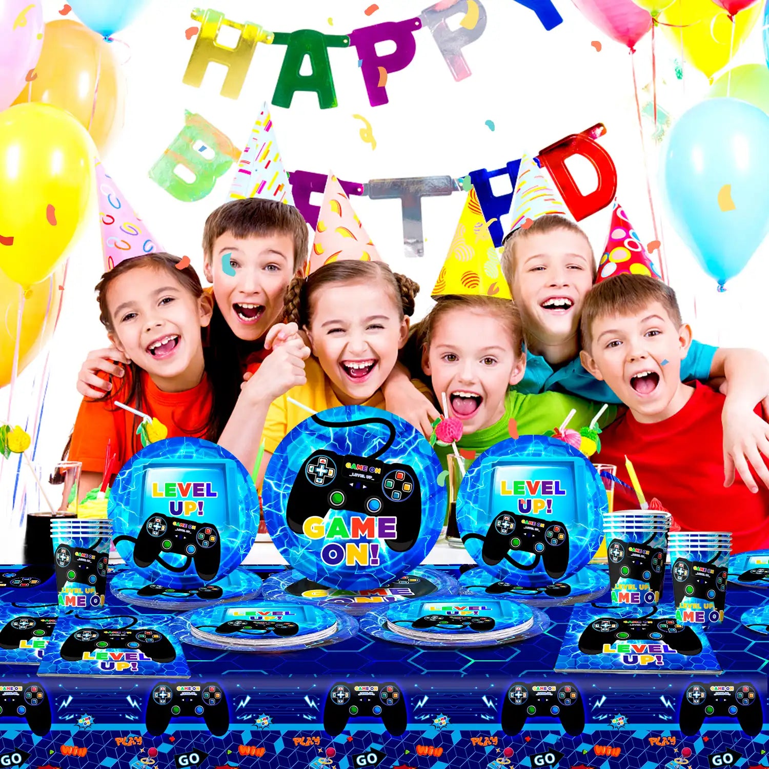 Gamer Birthday Decorations Blue, 16 Guests Gaming Party Tableware Set - Game Themed Party Plate Cups Napkins Tablecloth etc Video Game Birthday Party Supplies for Boys/Girls Kids, Serves 16