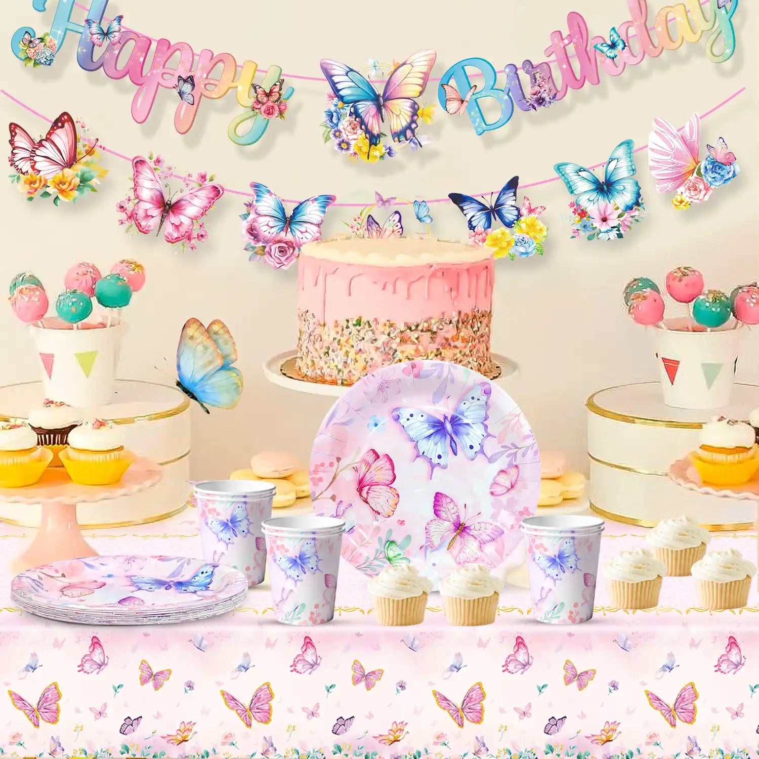Butterfly Birthday Party Supplies, Butterfly Plates and Napkins Party Supplies - Butterfly Party Plates Napkins Cups Tablecloth & Butterfly Birthday Decorations Banner for Butterfly Theme Party Decor