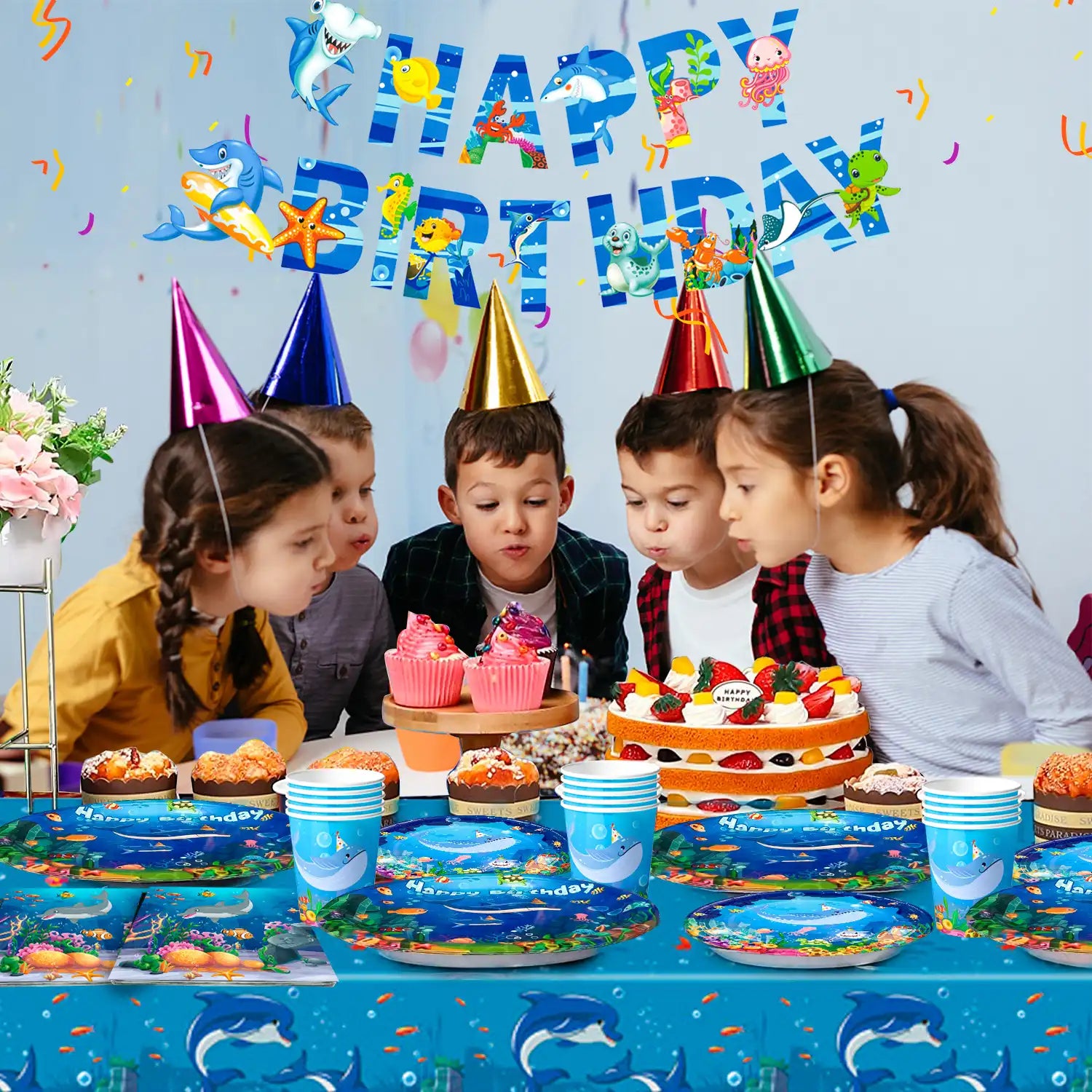 Under The Sea Party Supplies-24Guests Ocean Sea Party TabAlewear Set-Ocean Themed Party Decorations Plates Cups Napkins Tablecloth Banner etc Ocean Animal Party Tableware
