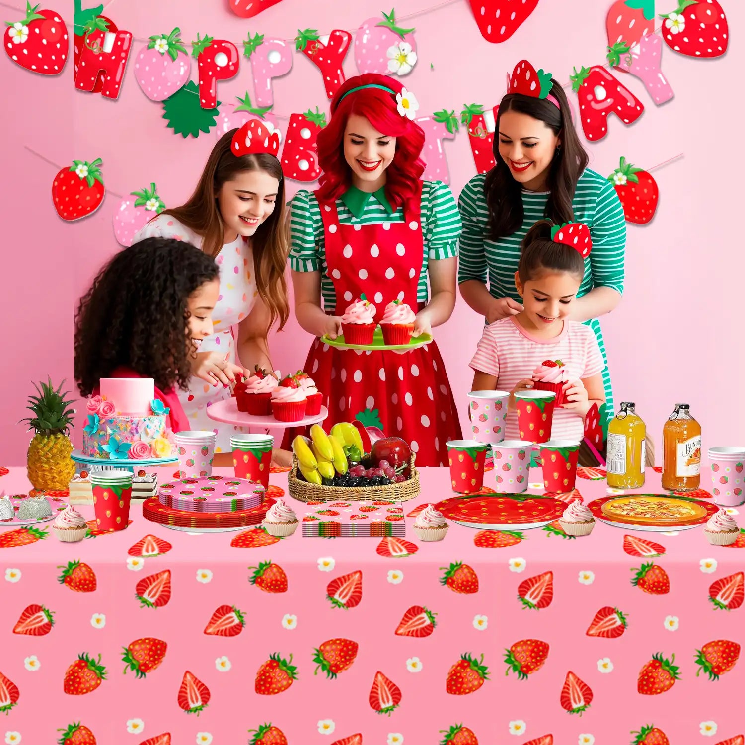 Strawberry Birthday Tableware, 91pcs Strawberry Party Tableware Set - Strawberry Birthday Party Plates Napkins Cups Tablecloth etc Strawberry Baby Shower Tableware for Strawberry Birthday Decorations