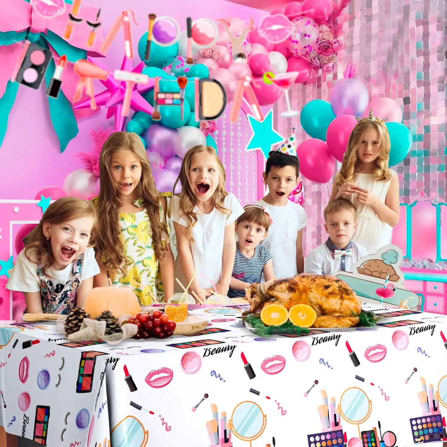 Makeup Party Tablecloth, 3 Pcs Makeup Theme Tablecloth Spa Party Table Cover for Spa Birthday Party Decorations, Spa Birthday Party Tablecloth for Makeup Spa Party Decorations Supplies (108'' x 54'')