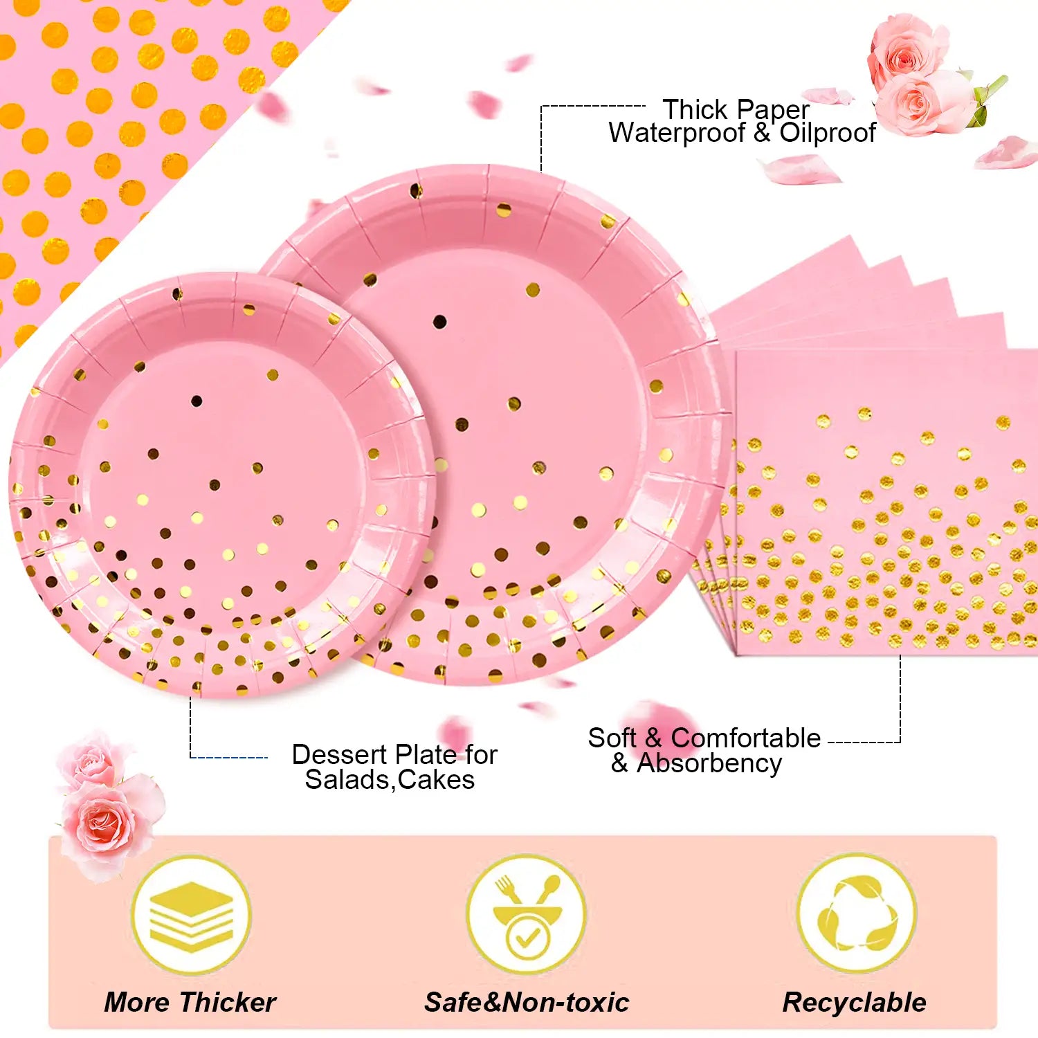 Pink and Gold Party Supplies, 24 Guests Disposable Dinnerware Set, Golden Dot Paper Plates Cups Straw Tablecloth Gold Plastic Forks Knives Spoons for Graduation, Birthday, Holiday (Pink)