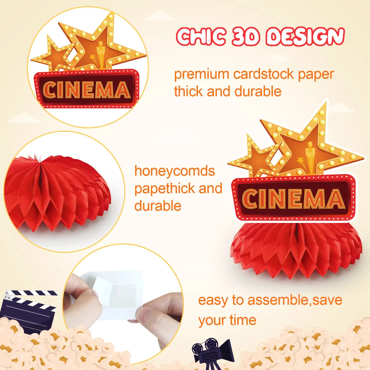Movie Night Honeycomb Centerpiece, 12 Pcs Movie Night Themed Honeycomb Centerpieces, Movie Theater Centerpiece Honeycomb & Movie Party Honeycomb Centerpiece for Movie Night Birthday Party Decorations
