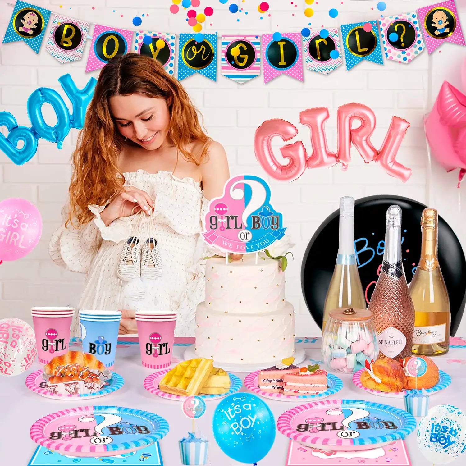 Baby Gender Reveal Party Supplies,118pcs gender reveal party decorations&Tableware Set-Gender Reveal Balloons,Boy or Girl Banner Balloons Plates Cups Tablecloth Fringe Curtains Photo Booth Props etc..