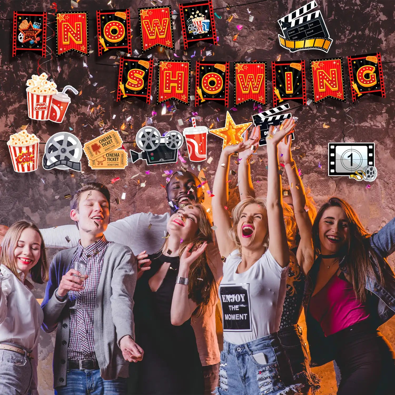 Movie Night Party Swirl Banner, 8pcs Movie Night Birthday Party Decorations Set - Movie Night Hanging Swirl & Movie Night Now Showing Banner for Movie Theme Party Decorations & Movie Night Decorations
